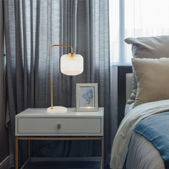 Haven Clear Glass Table Lamp with Gold Brush Metal and Marble Base, Button Control, 23-Inch Height
