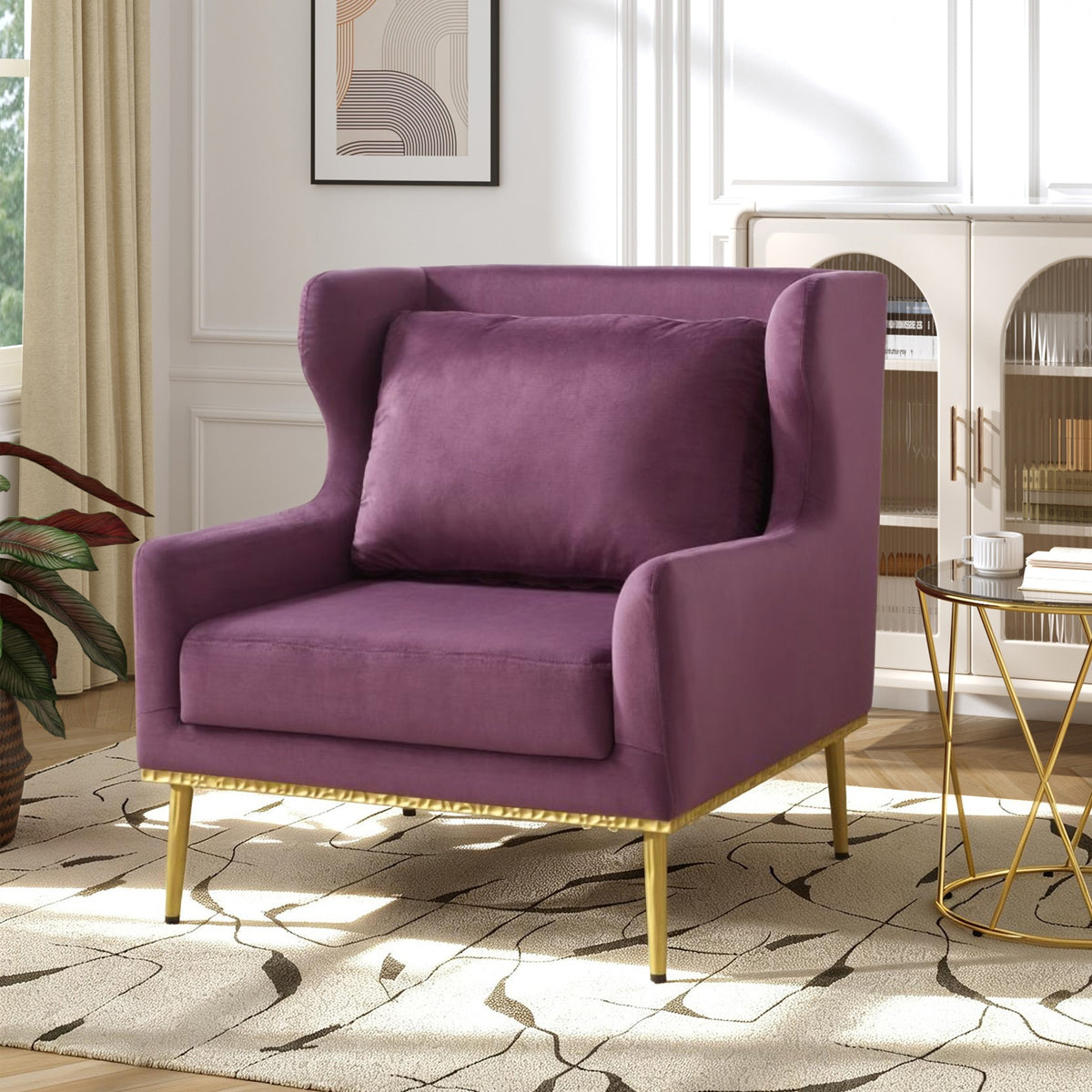 Modern Armchair Velvet Accent Chair Reading Chair Single Sofa Chair for Living Room, Bedroom, or Reading Corner, Purple