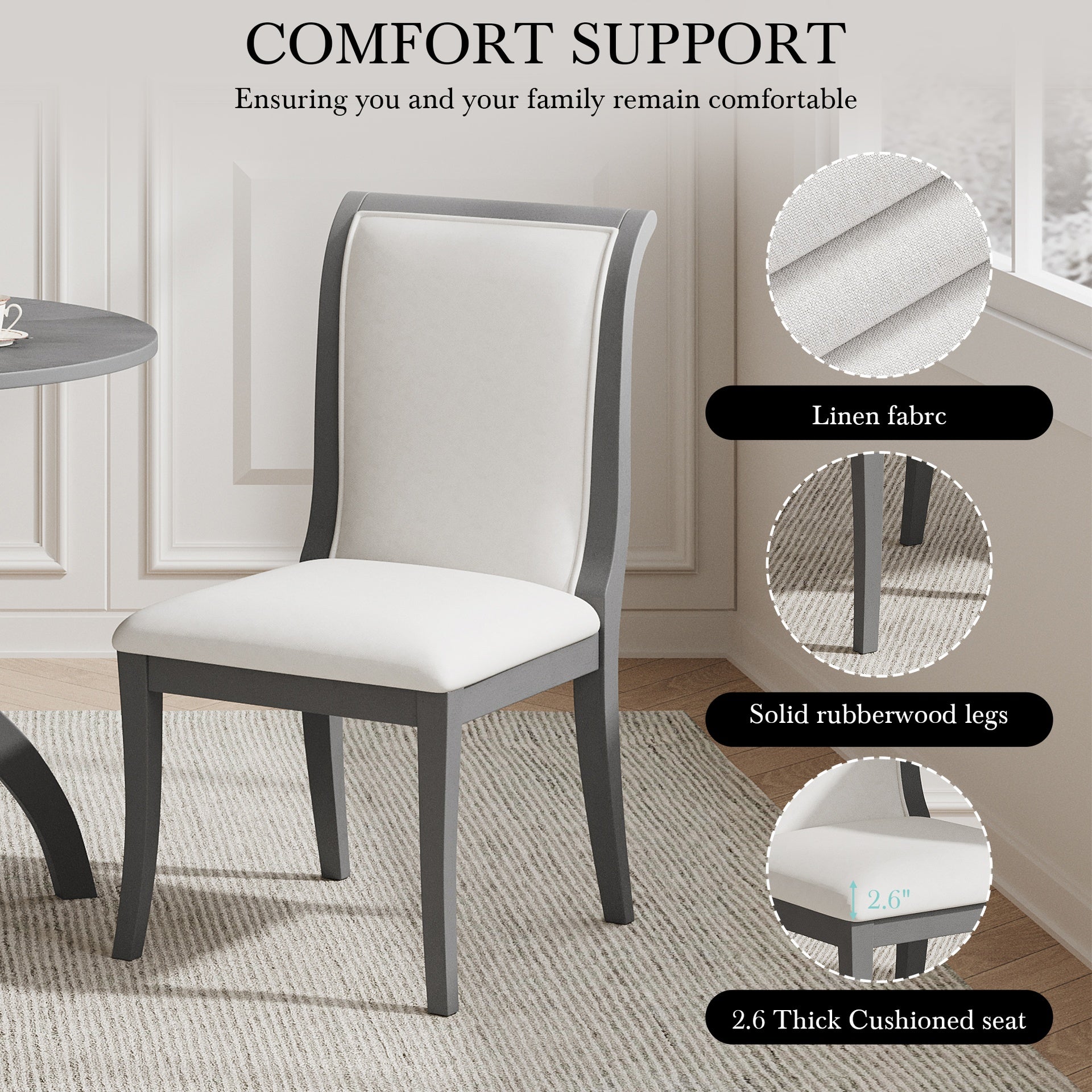Oak Gray Finish Upholstered Dining Chairs Set of 2 - Traditional Elegant Fabric Side Chairs with Curved Lines, Solid Hardwood Frame