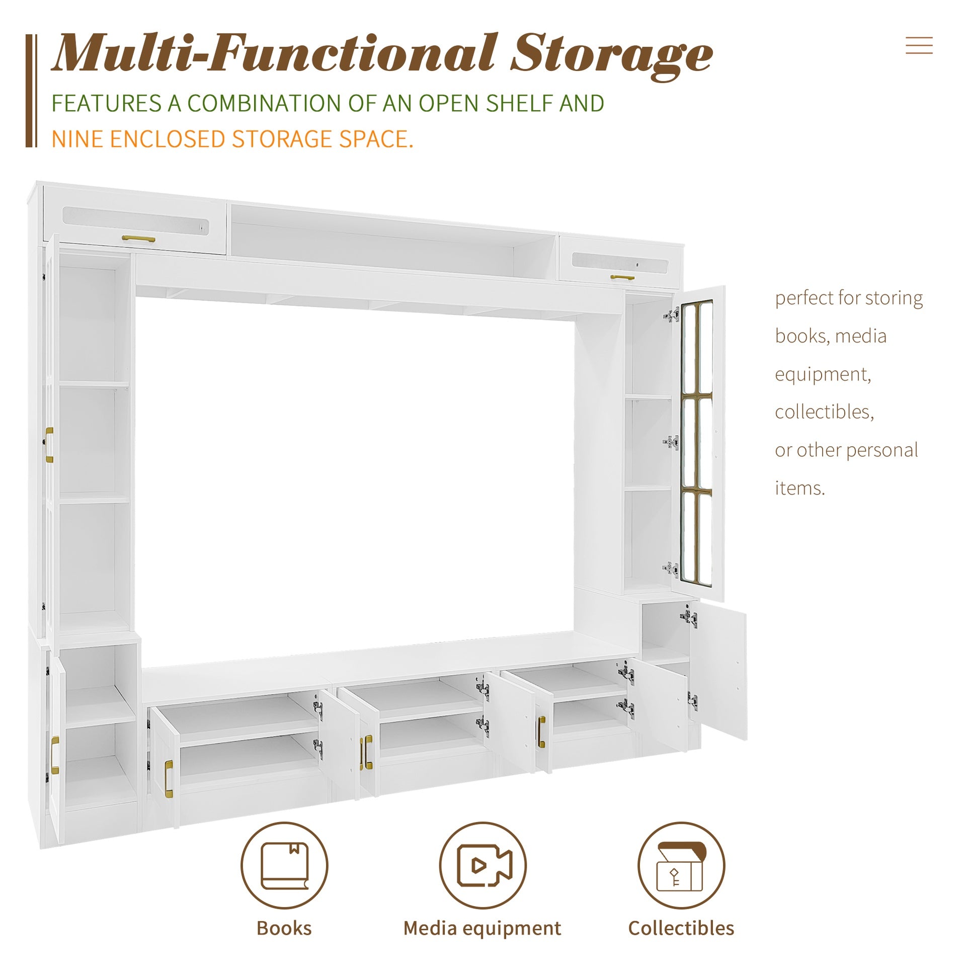 VIBE HAUS 98.4" W Wall Unit Entertainment Center with Bookshelves for TVs up to 80", Modern TV Stand Media Console with Cabinets, Tempered Glass Doors and Adjustable Shelves for Living Room