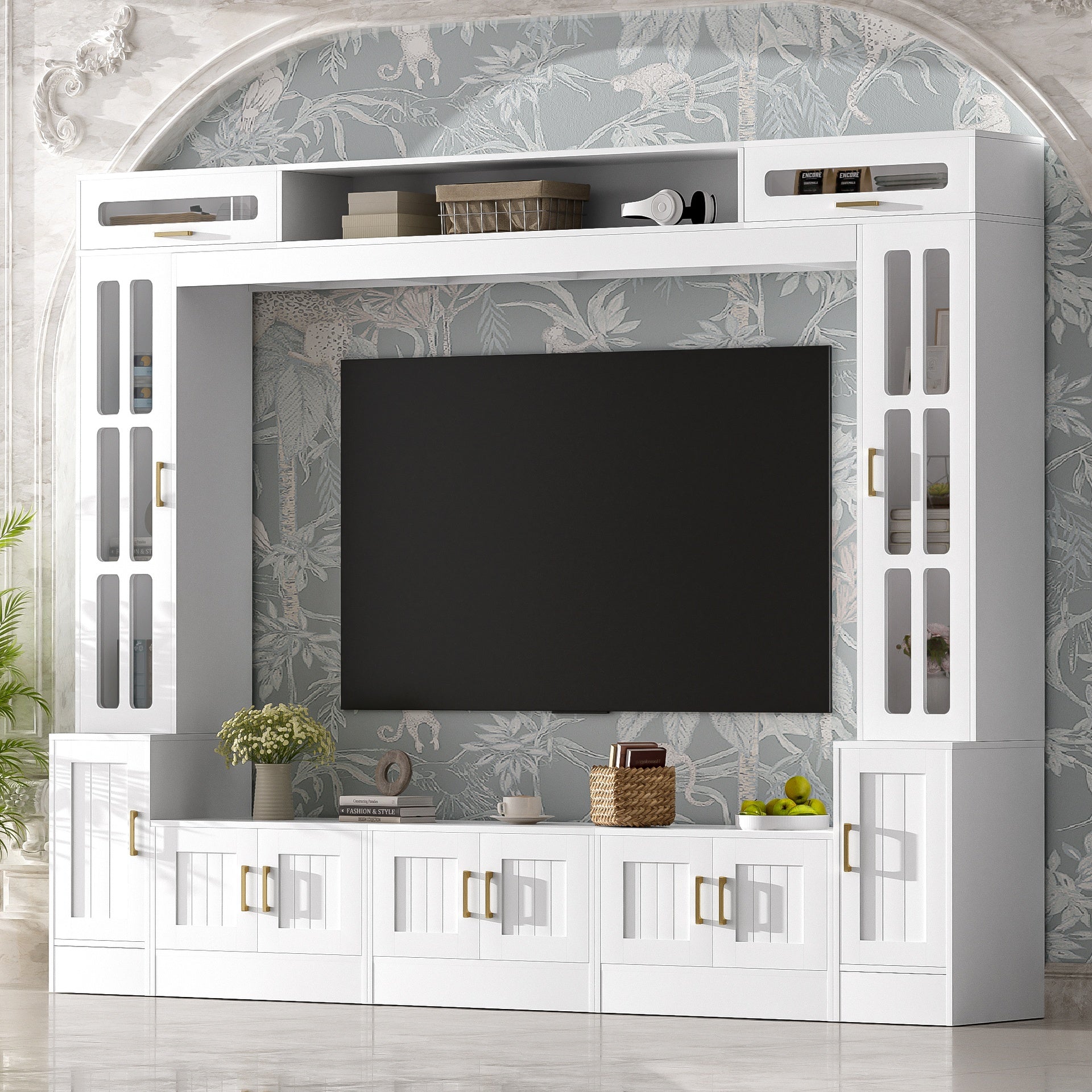 VIBE HAUS 98.4" W Wall Unit Entertainment Center with Bookshelves for TVs up to 80", Modern TV Stand Media Console with Cabinets, Tempered Glass Doors and Adjustable Shelves for Living Room