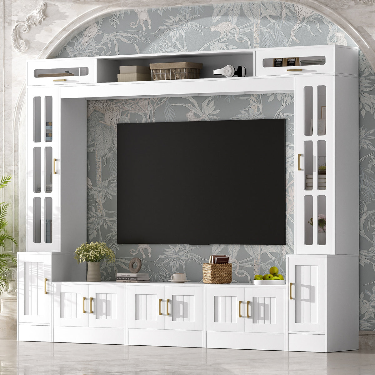 VIBE HAUS 98.4" W Wall Unit Entertainment Center with Bookshelves for TVs up to 80", Modern TV Stand Media Console with Cabinets, Tempered Glass Doors and Adjustable Shelves for Living Room