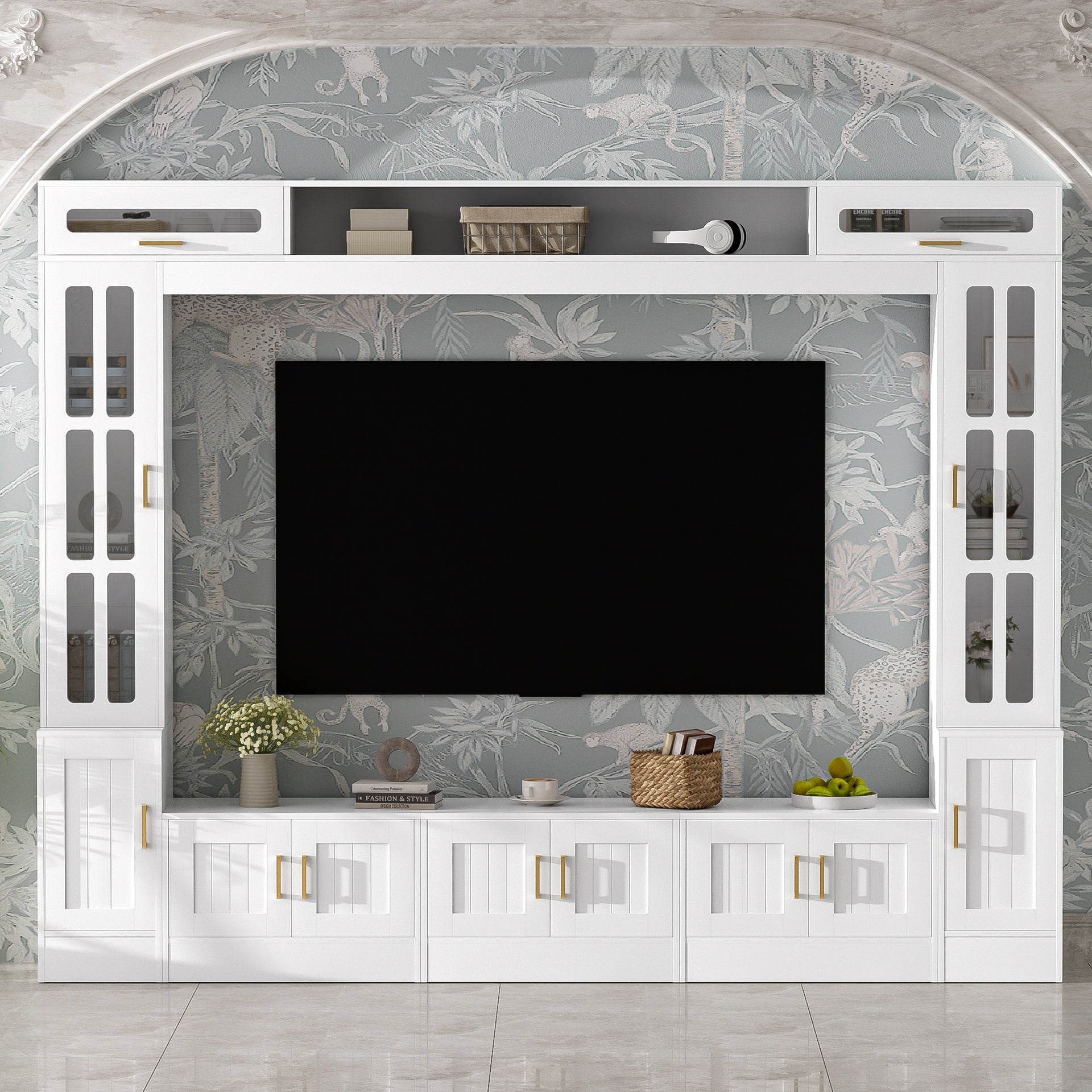 VIBE HAUS 98.4" W Wall Unit Entertainment Center with Bookshelves for TVs up to 80", Modern TV Stand Media Console with Cabinets, Tempered Glass Doors and Adjustable Shelves for Living Room