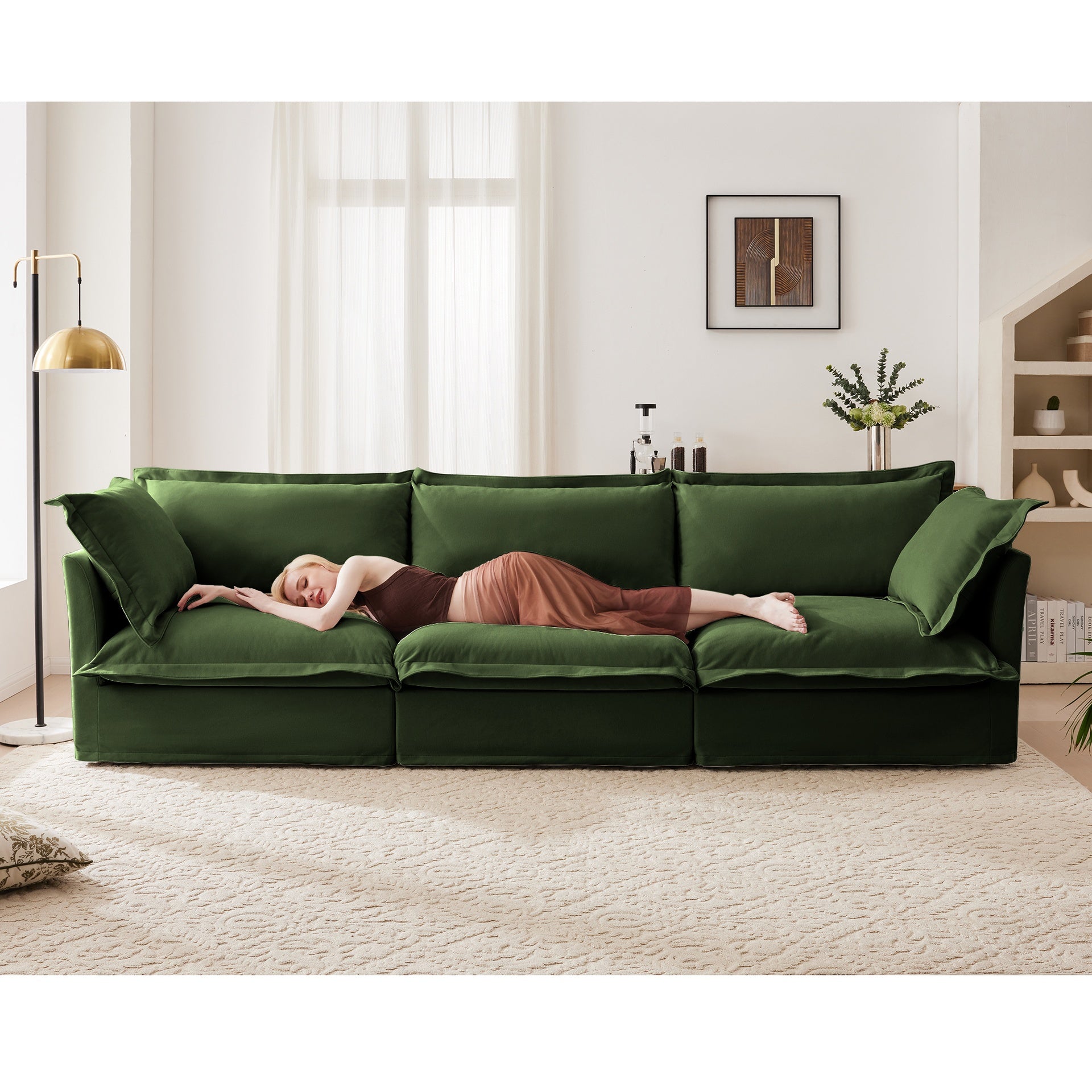 Slipcovered Sofa Couch, Modern 3 Seater Sofa with Suppleness Armrests, Chenille Fleece Deep Seat Sofa with Soft Multiple Big Pillows, Comfy Couch for Living Room, Apartment,Chenille Fabric, Green