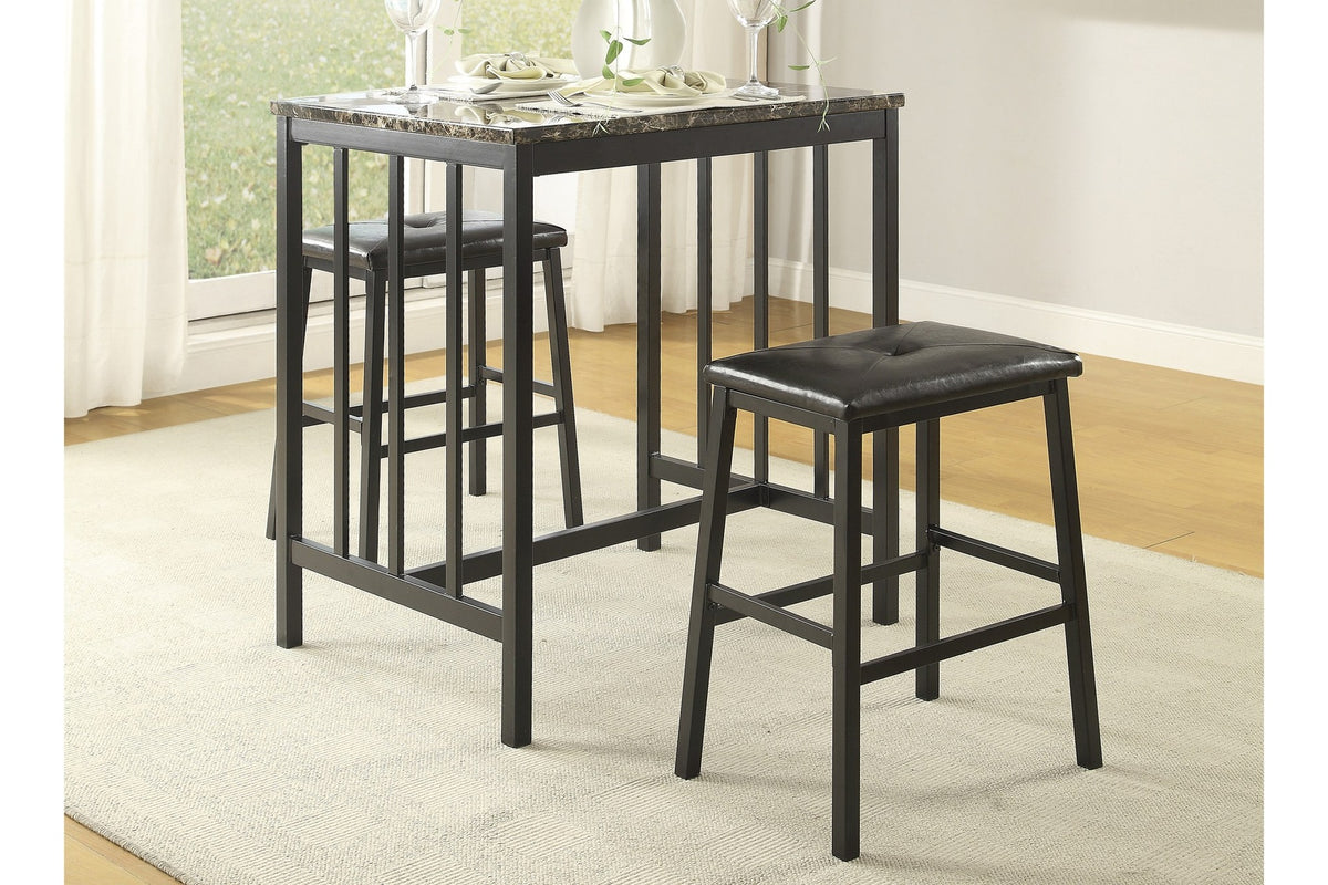 Black Metal Finish 3pc Counter Height Set Table and 2 Stools, Faux Marble Tabletop, Faux Leather Upholstery, Restaurant Cafe Breakfast Furniture