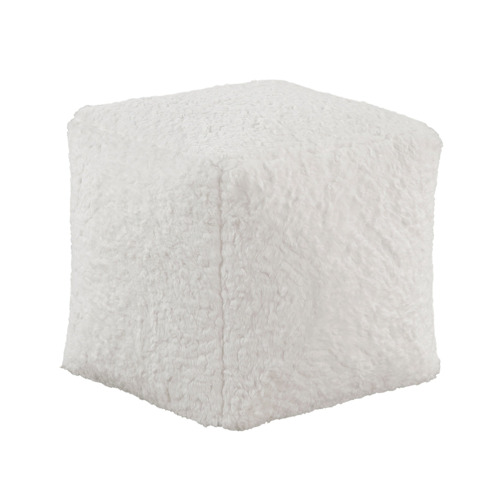 Modern Square Pouf Off-White Faux Fur Fabric Upholstered Ottoman, Footstool, Non-Slip Floor Pouf, Bean Bag Chair, 1pc Sitting Pouf