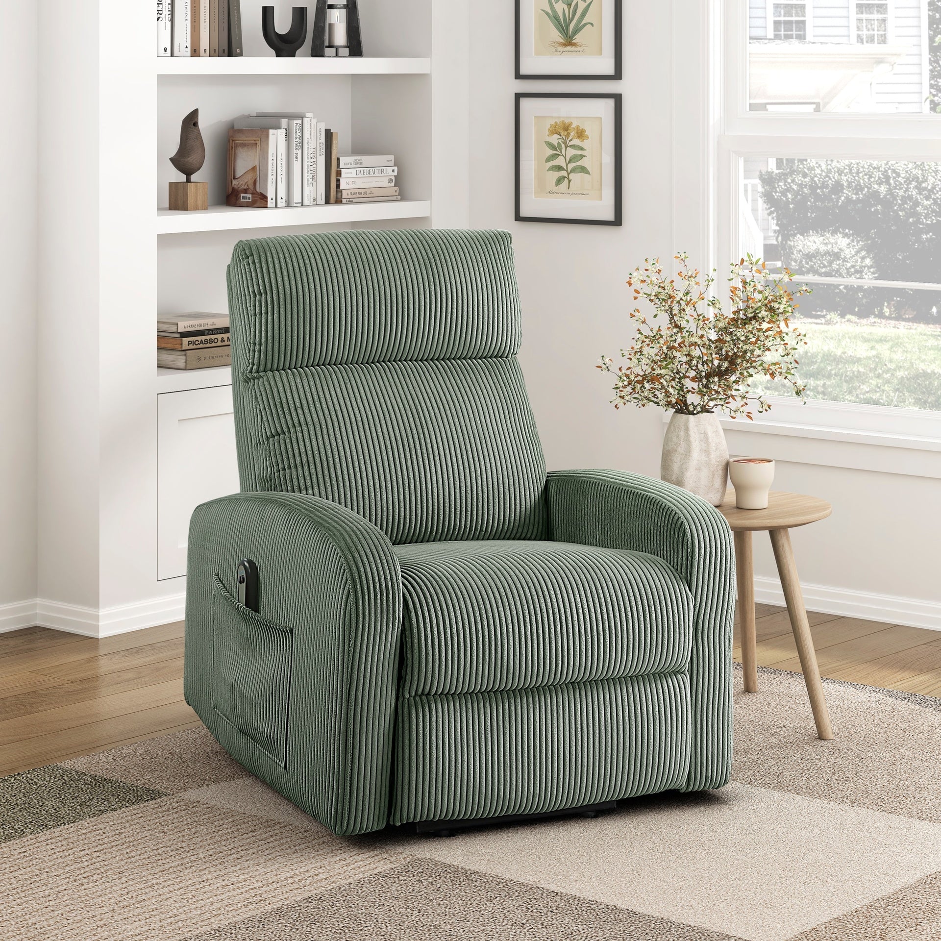 Contemporary Power Lift Chair Recliner 1pc Green Plush Corduroy Upholstery Comfort Side Pocket Plywood Living Room Furniture