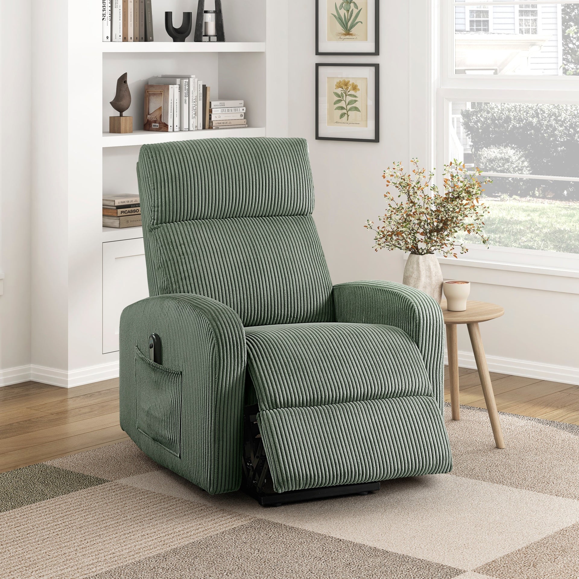 Contemporary Power Lift Chair Recliner 1pc Green Plush Corduroy Upholstery Comfort Side Pocket Plywood Living Room Furniture