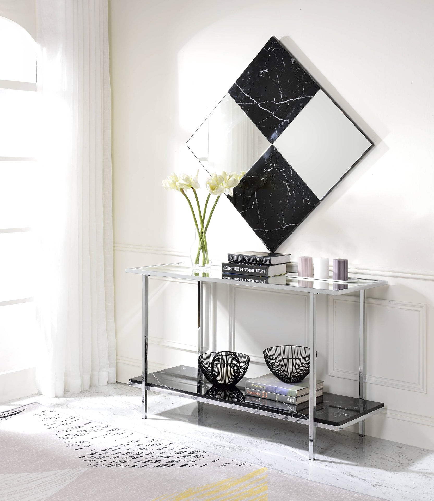 Angwin Mirrored Faux Marble & Chrome Console Table
