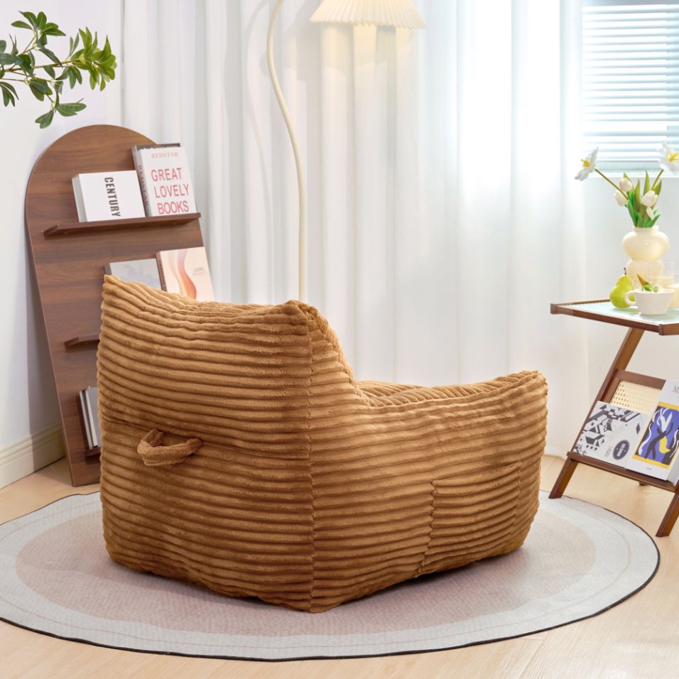 Bean Bag Chair for Adults with Armrests - Oversized Comfy Beige Beanbag Lounge Lazy Floor Sofa Chair for Living Room, Bedroom & Dorm, Cozy Fluffy Single Cloud Mini Couch