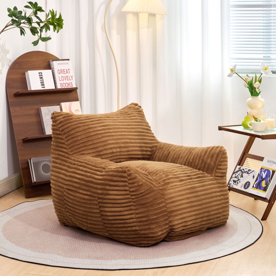 Bean Bag Chair for Adults with Armrests - Oversized Comfy Beige Beanbag Lounge Lazy Floor Sofa Chair for Living Room, Bedroom & Dorm, Cozy Fluffy Single Cloud Mini Couch
