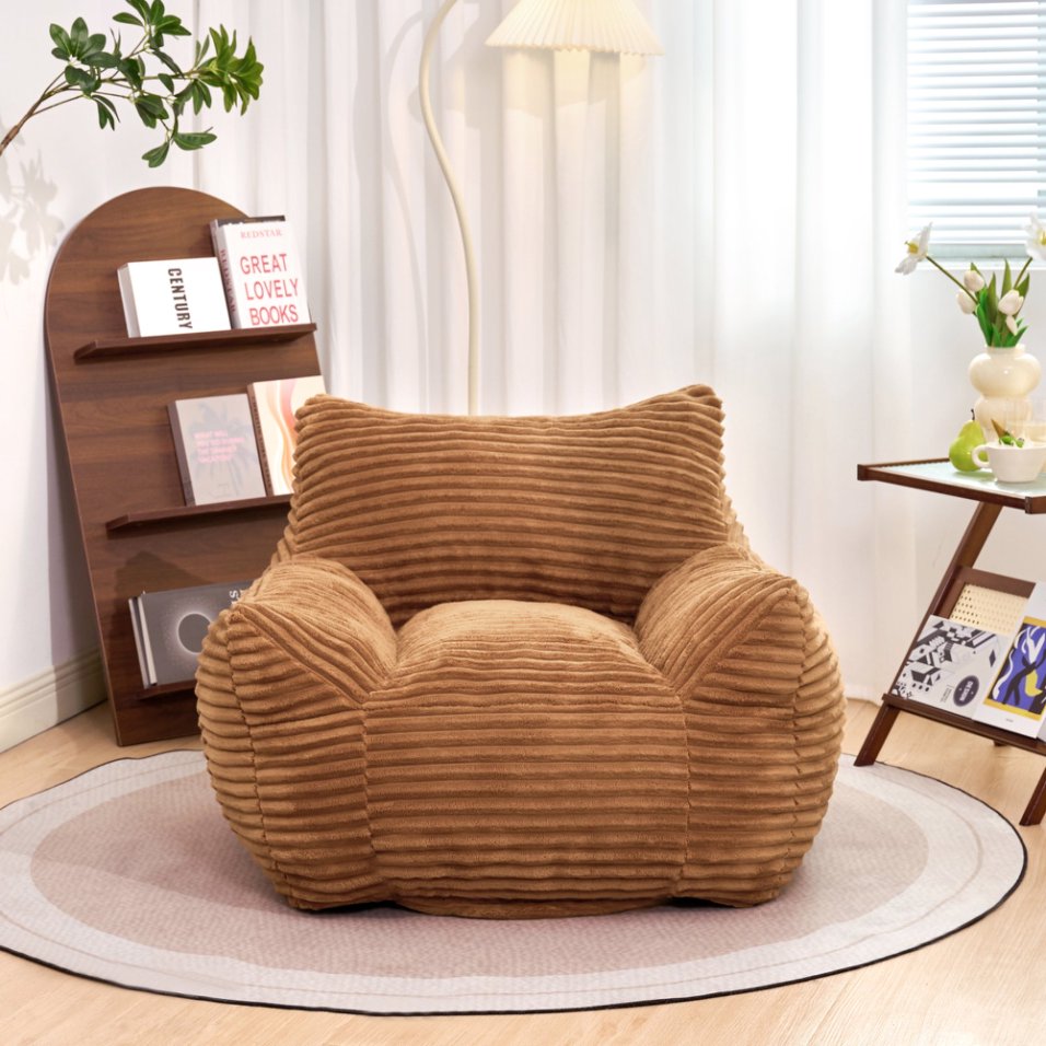 Bean Bag Chair for Adults with Armrests - Oversized Comfy Beige Beanbag Lounge Lazy Floor Sofa Chair for Living Room, Bedroom & Dorm, Cozy Fluffy Single Cloud Mini Couch