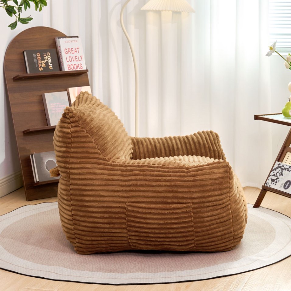 Bean Bag Chair for Adults with Armrests - Oversized Comfy Beige Beanbag Lounge Lazy Floor Sofa Chair for Living Room, Bedroom & Dorm, Cozy Fluffy Single Cloud Mini Couch