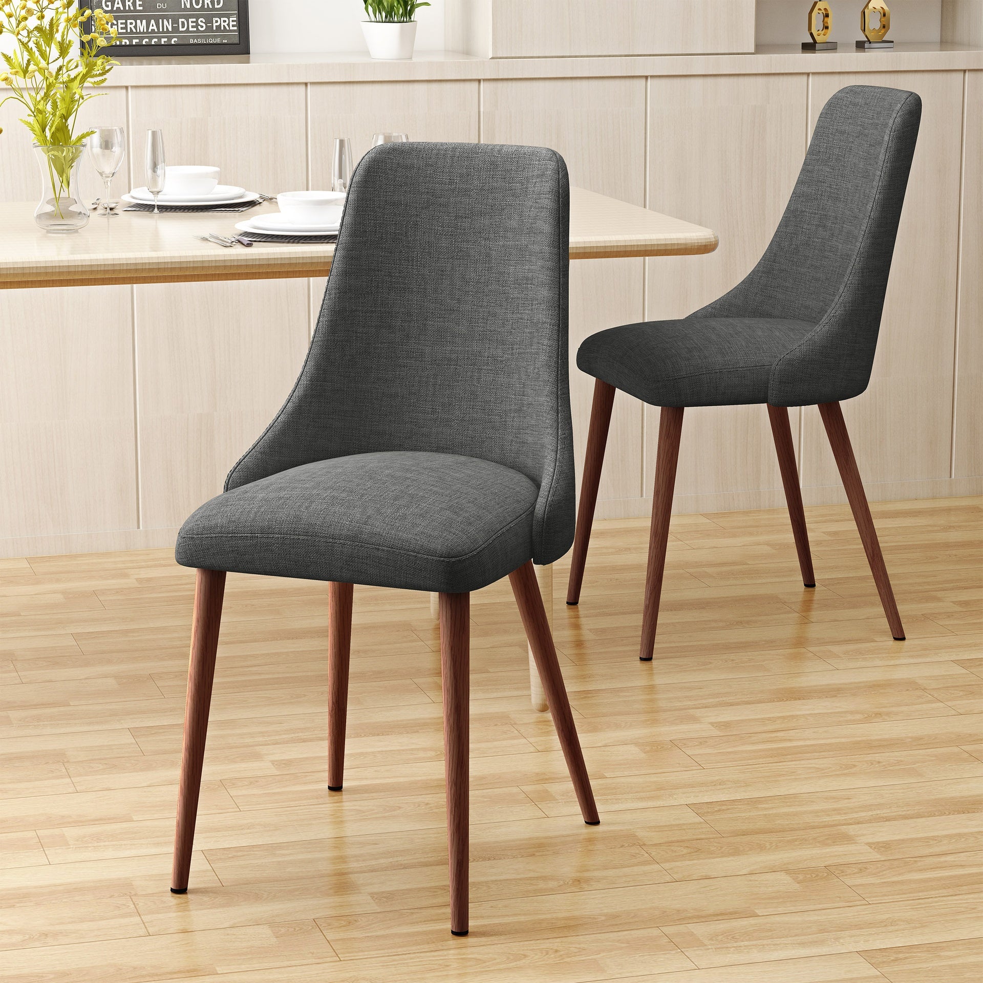 Mid Century Modern Fabric Armless Dining Chairs, Set of 2, Light Gray