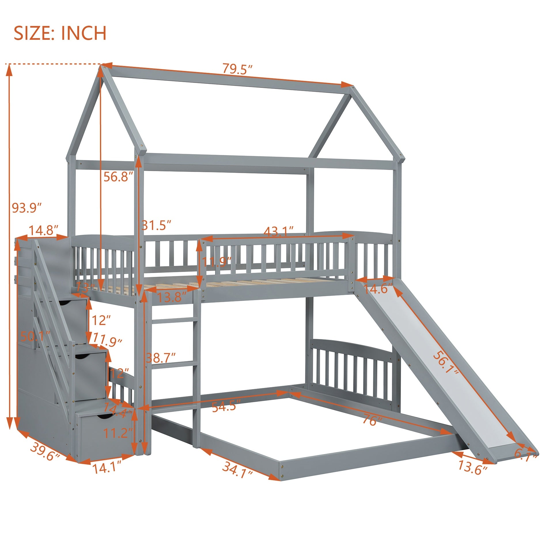Twin Over Full Bunk Bed with Slide, House Bed with Slide, Gray