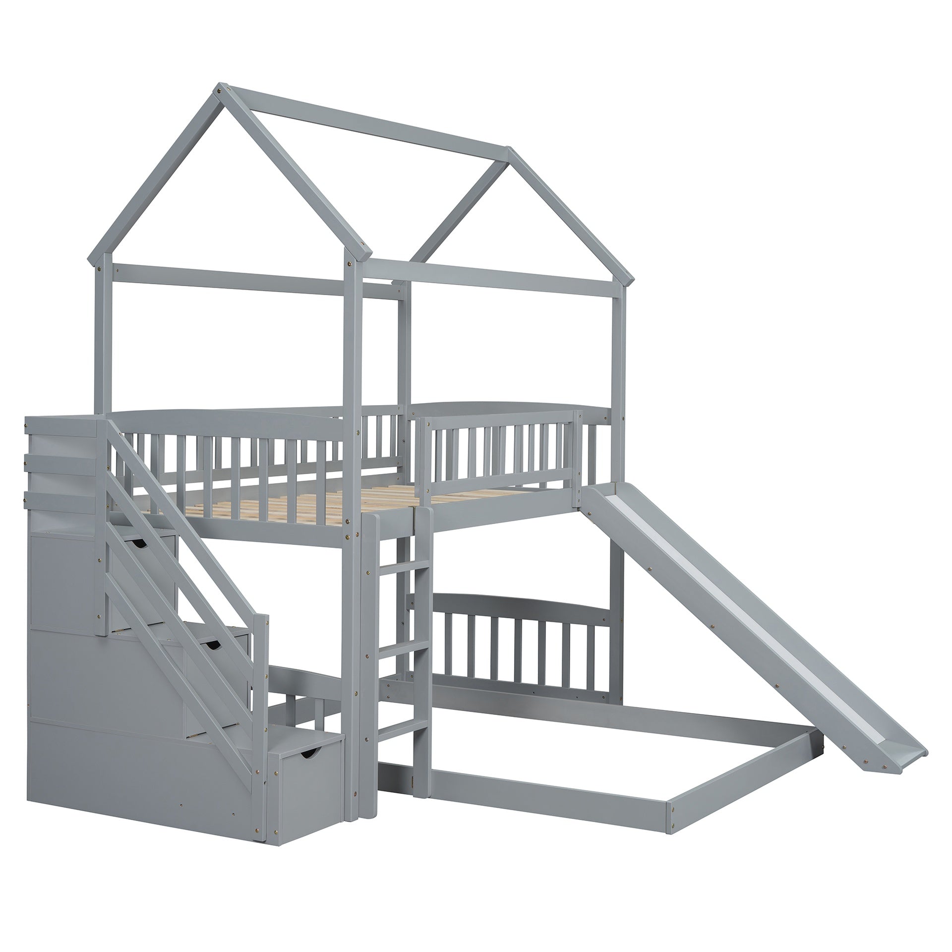 Twin Over Full Bunk Bed with Slide, House Bed with Slide, Gray