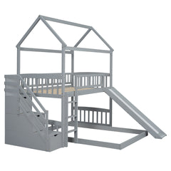 Twin Over Full Bunk Bed with Slide, House Bed with Slide, Gray