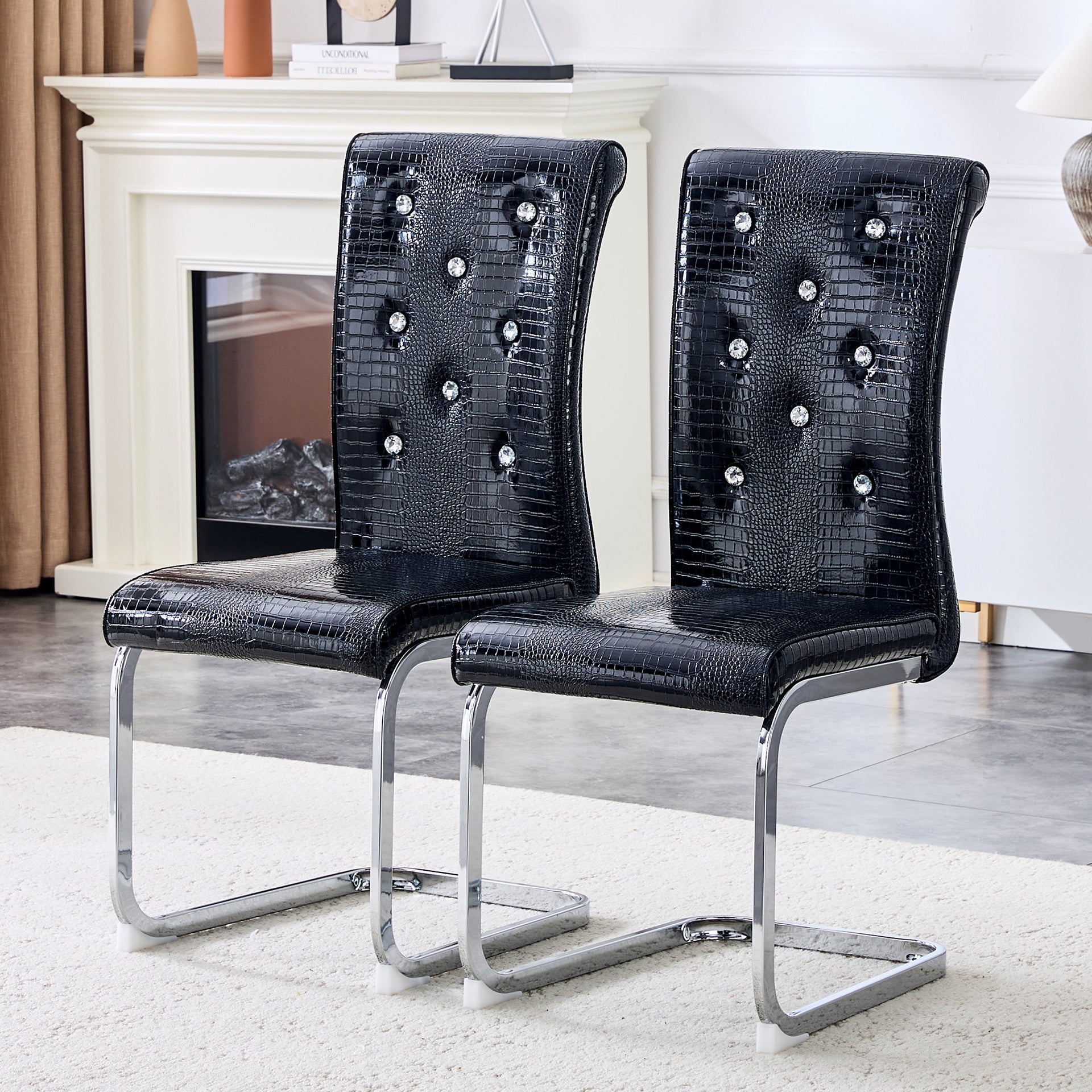 Set of 2,Retro alligator skin Upholstered dining chairs,with Crystal buckle design and Faux Leather design,a touch of elegance and mystery to the dining area,Electroplated metal legs