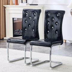 Set of 2,Retro alligator skin Upholstered dining chairs,with Crystal buckle design and Faux Leather design,a touch of elegance and mystery to the dining area,Electroplated metal legs