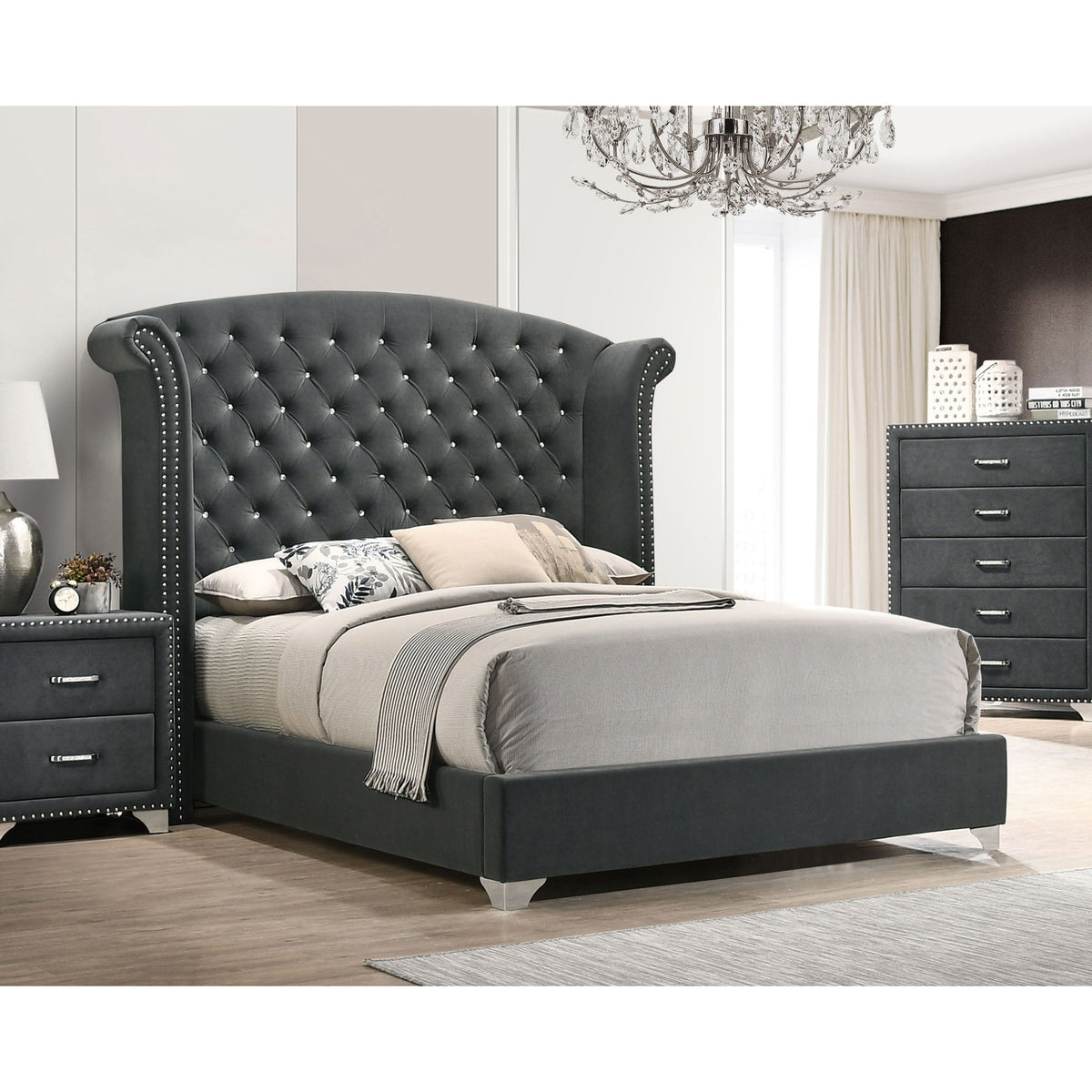 Chantel Grey Upholstered Wingback Eastern King Bed