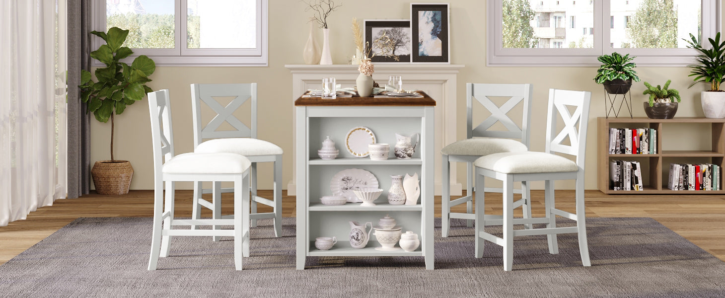 TOPMAX 5 Pieces Counter Height Rustic Farmhouse Dining Room Wooden Bar Table Set with 4 Chairs, White