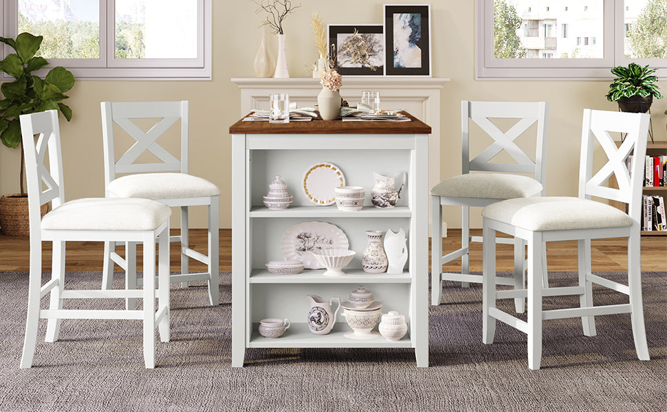 TOPMAX 5 Pieces Counter Height Rustic Farmhouse Dining Room Wooden Bar Table Set with 4 Chairs, White