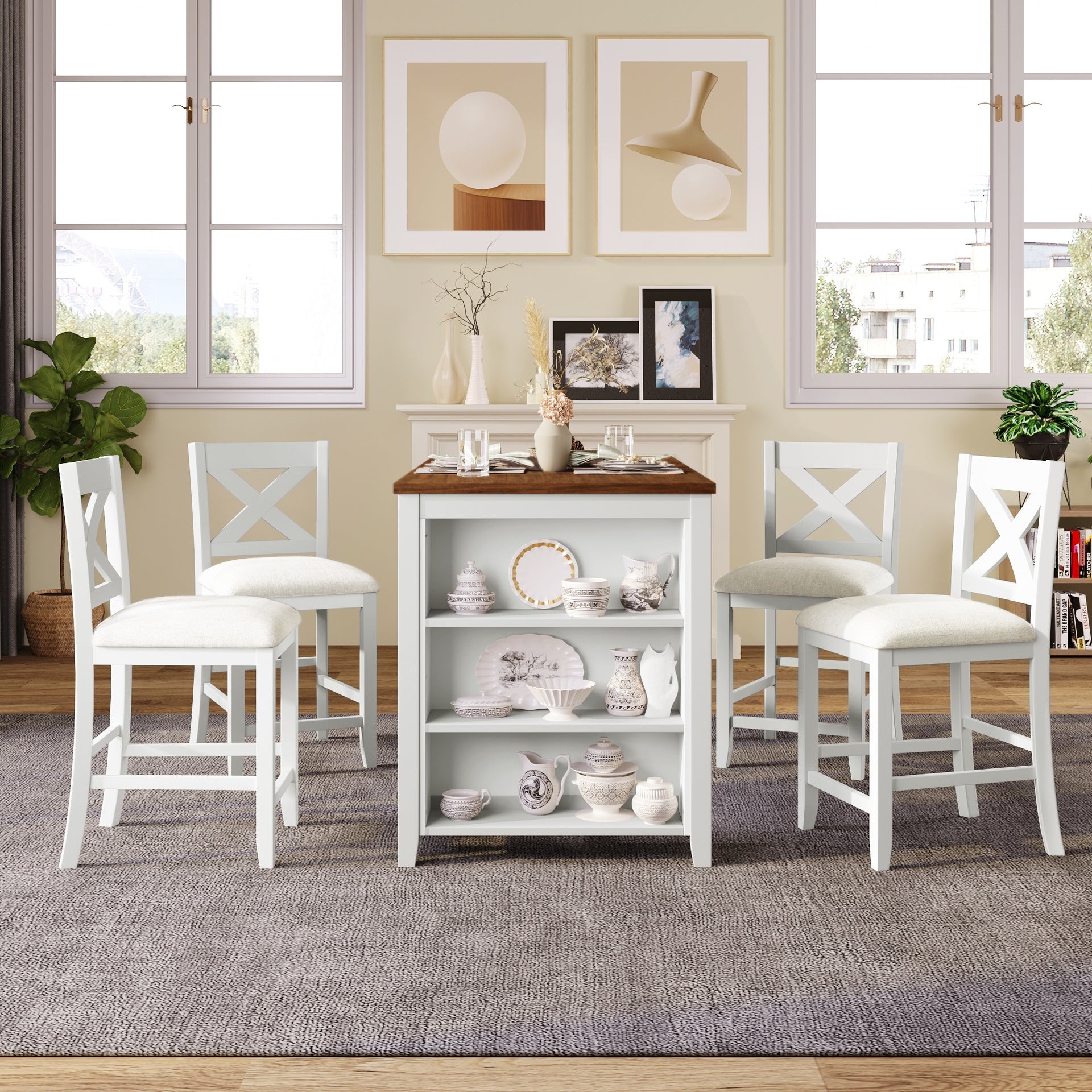 TOPMAX 5 Pieces Counter Height Rustic Farmhouse Dining Room Wooden Bar Table Set with 4 Chairs, White