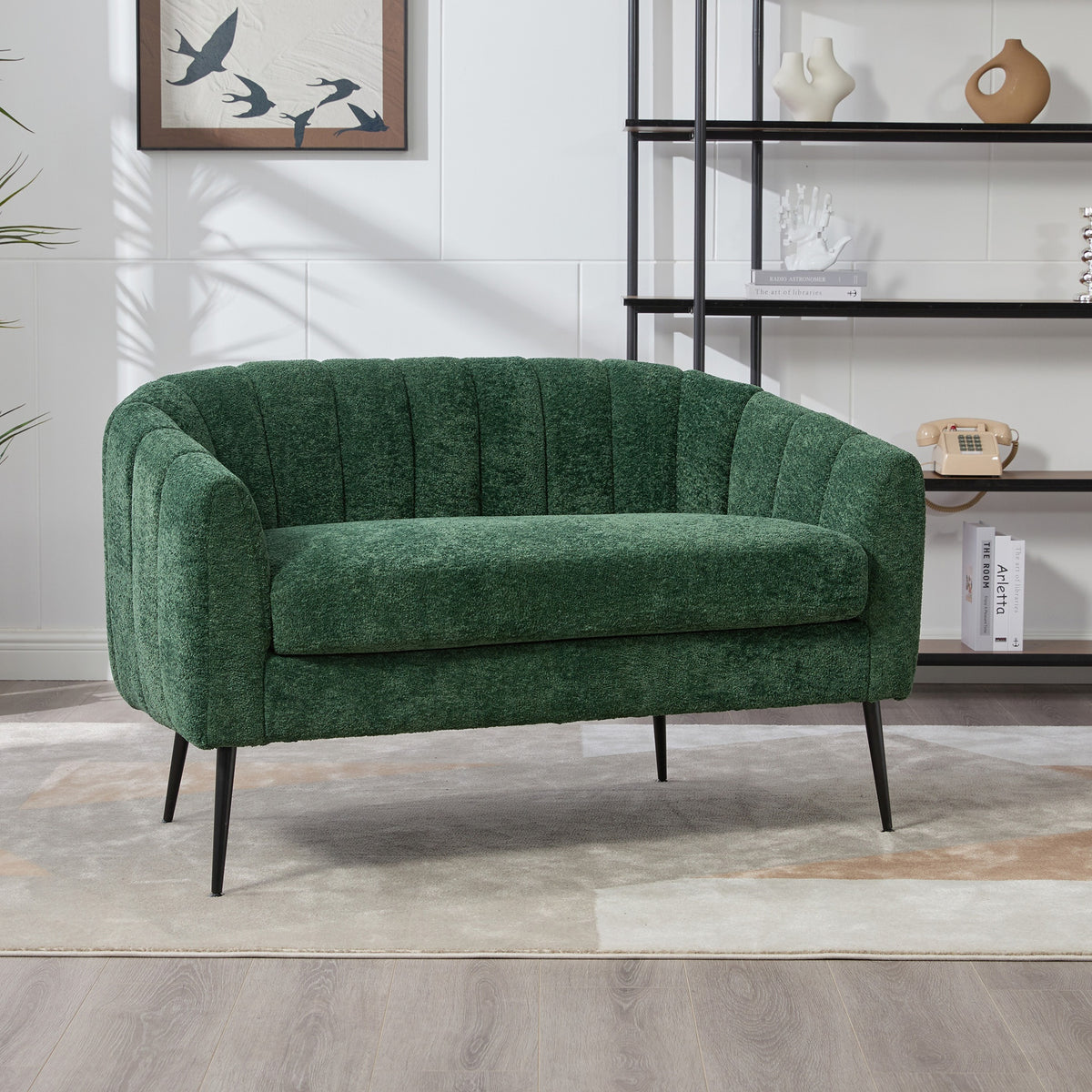50.2'' Wide Upholstered Chenille Mini Loveseat Accent Couch, Modern Glam Small Settee with Metal Legs, Channel Tufted 2-Seater Sofa for Living Rooms Bedrooms Dorm Studio Office Small Spaces, Green
