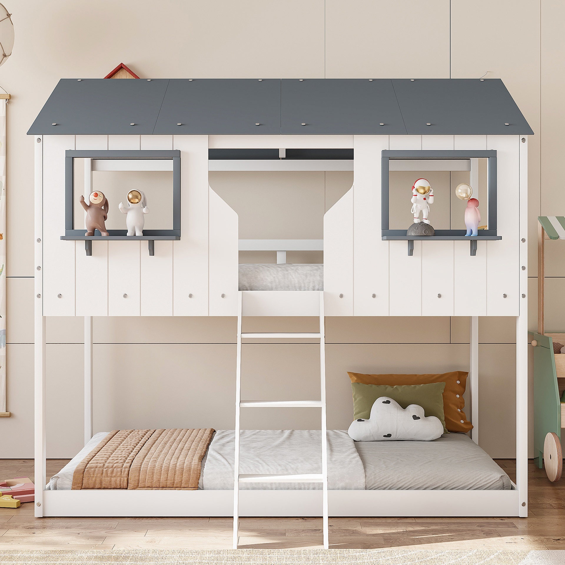 Twin Over Twin Bunk Bed Wood Bed with Roof, Window, Guardrail, Ladder (White)