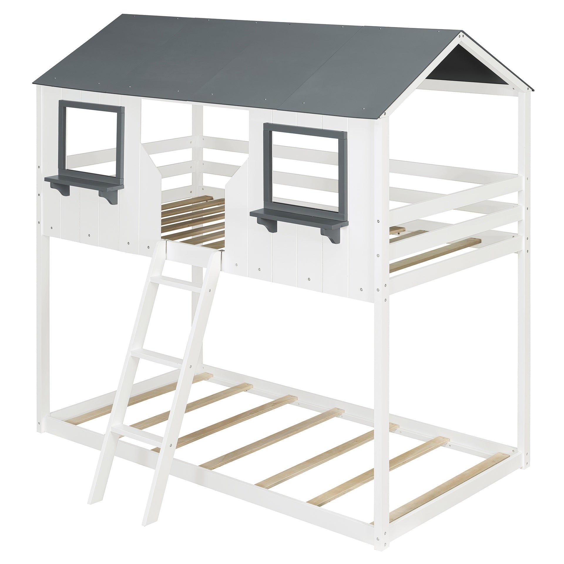 Twin Over Twin Bunk Bed Wood Bed with Roof, Window, Guardrail, Ladder (White)