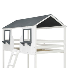 Twin Over Twin Bunk Bed Wood Bed with Roof, Window, Guardrail, Ladder (White)
