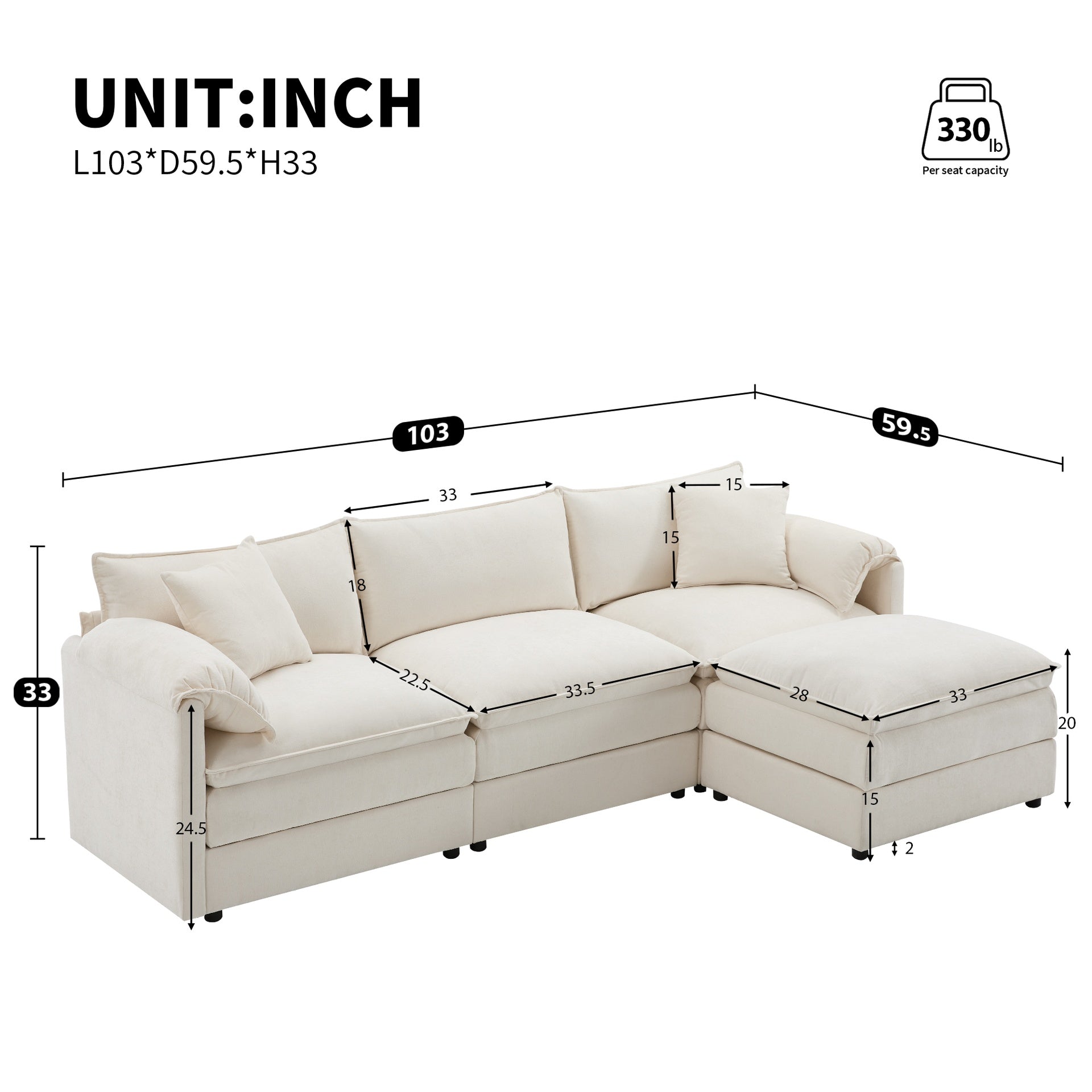 103" Chenille Modular Sectional Sofa with Deep and Wide Seat,L Shaped Cloud Couch Set with Double Cushions,4 Seat Sofa with Movable Ottoman,Oversized Indoor Furniture for Living Room&Apartment