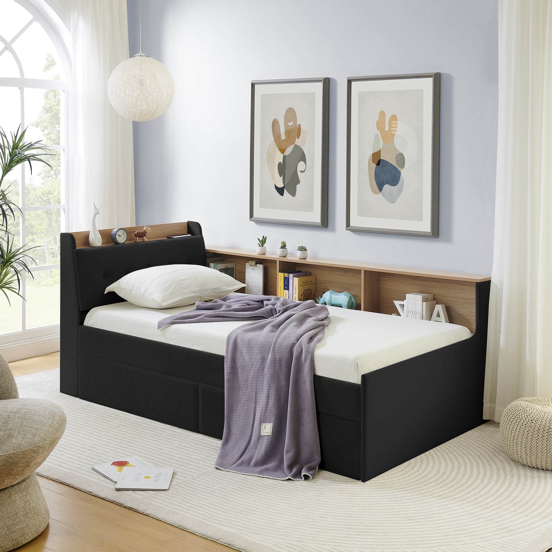 Twin Size Upholstery Velvet Day Bed with Storage Headboard and Wireless Charging, Multi-functional Daybed with Two Storage Drawers & LED Lights, Black