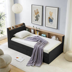 Twin Size Upholstery Velvet Day Bed with Storage Headboard and Wireless Charging, Multi-functional Daybed with Two Storage Drawers & LED Lights, Black