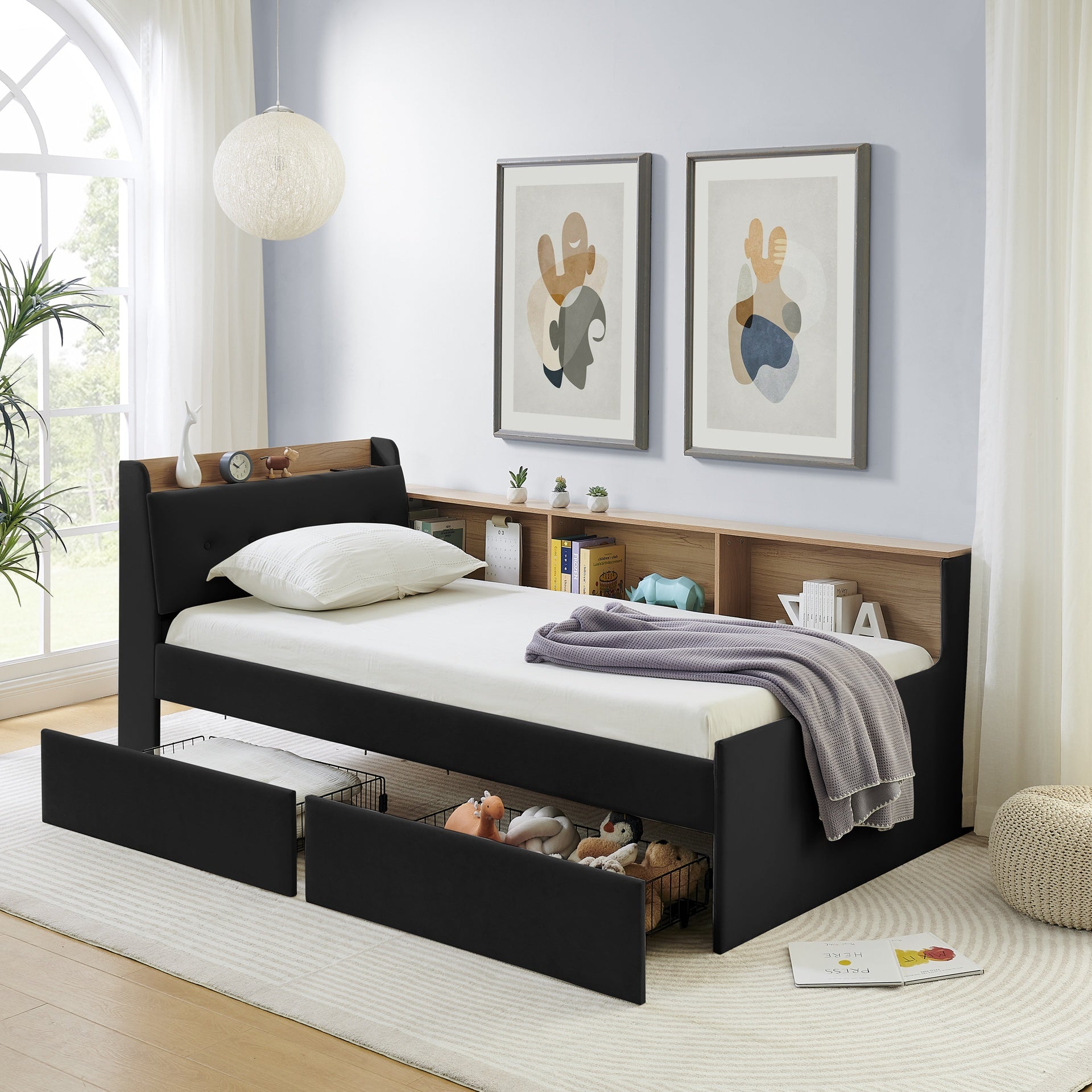 Twin Size Upholstery Velvet Day Bed with Storage Headboard and Wireless Charging, Multi-functional Daybed with Two Storage Drawers & LED Lights, Black