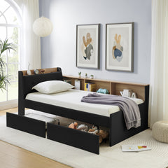 Twin Size Upholstery Velvet Day Bed with Storage Headboard and Wireless Charging, Multi-functional Daybed with Two Storage Drawers & LED Lights, Black