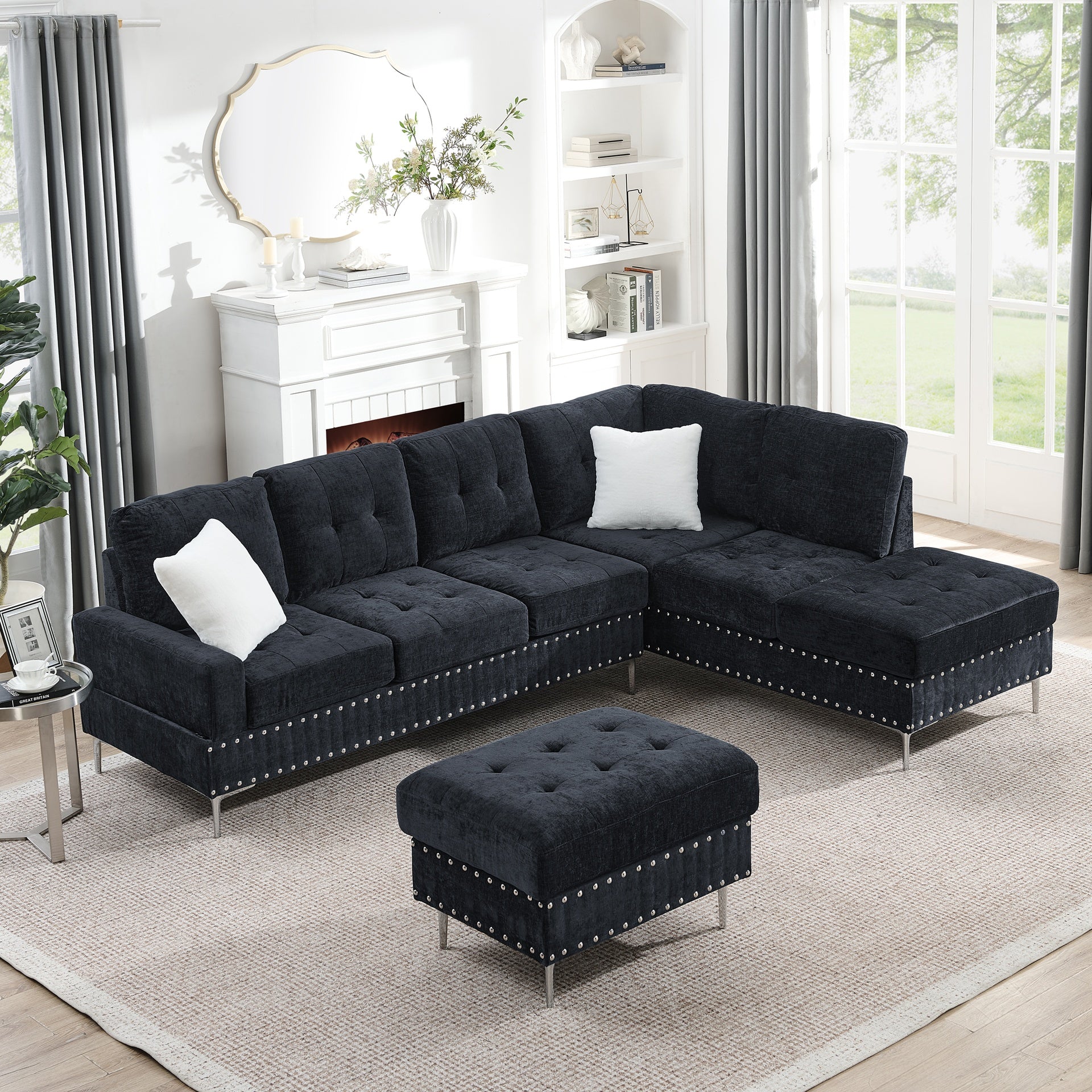 Sectional 3-Seaters Sofa with Chaise, Storage Ottoman, Metal Legs and Copper Nails,Two White Pillows ,Navy Bule(102" x 76" x35")