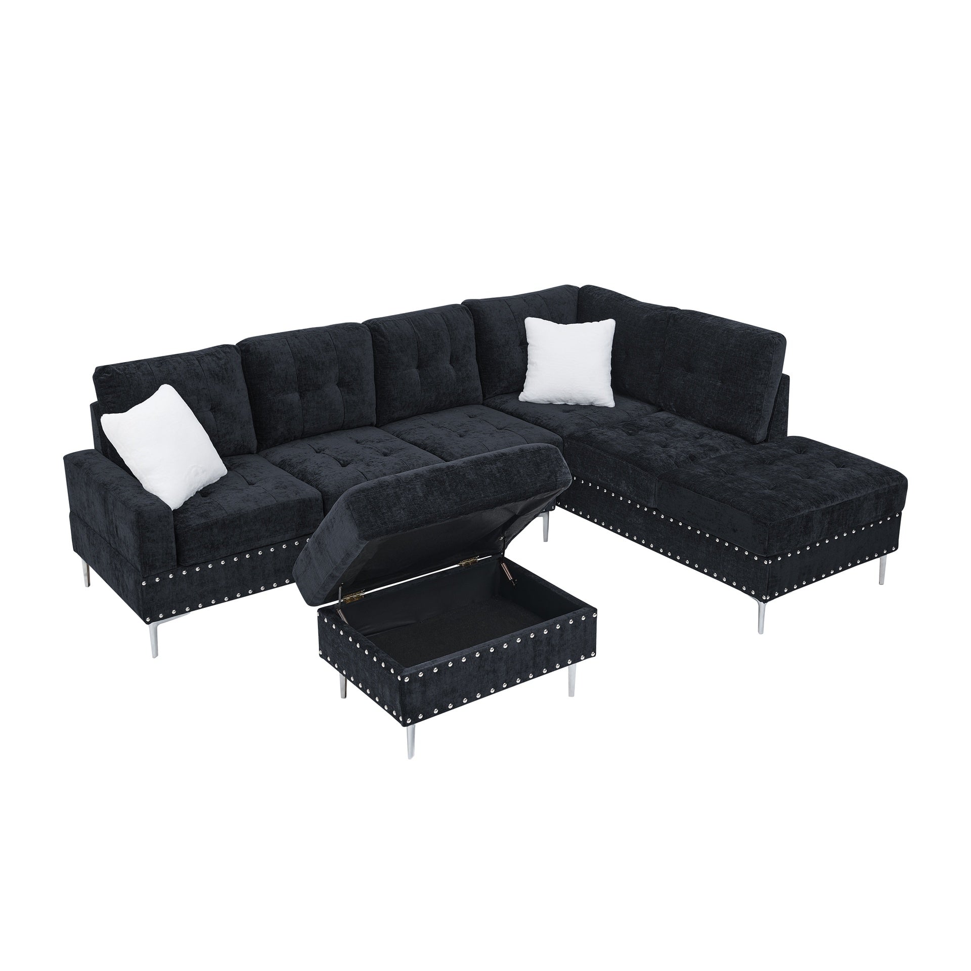 Sectional 3-Seaters Sofa with Chaise, Storage Ottoman, Metal Legs and Copper Nails,Two White Pillows ,Navy Bule(102" x 76" x35")