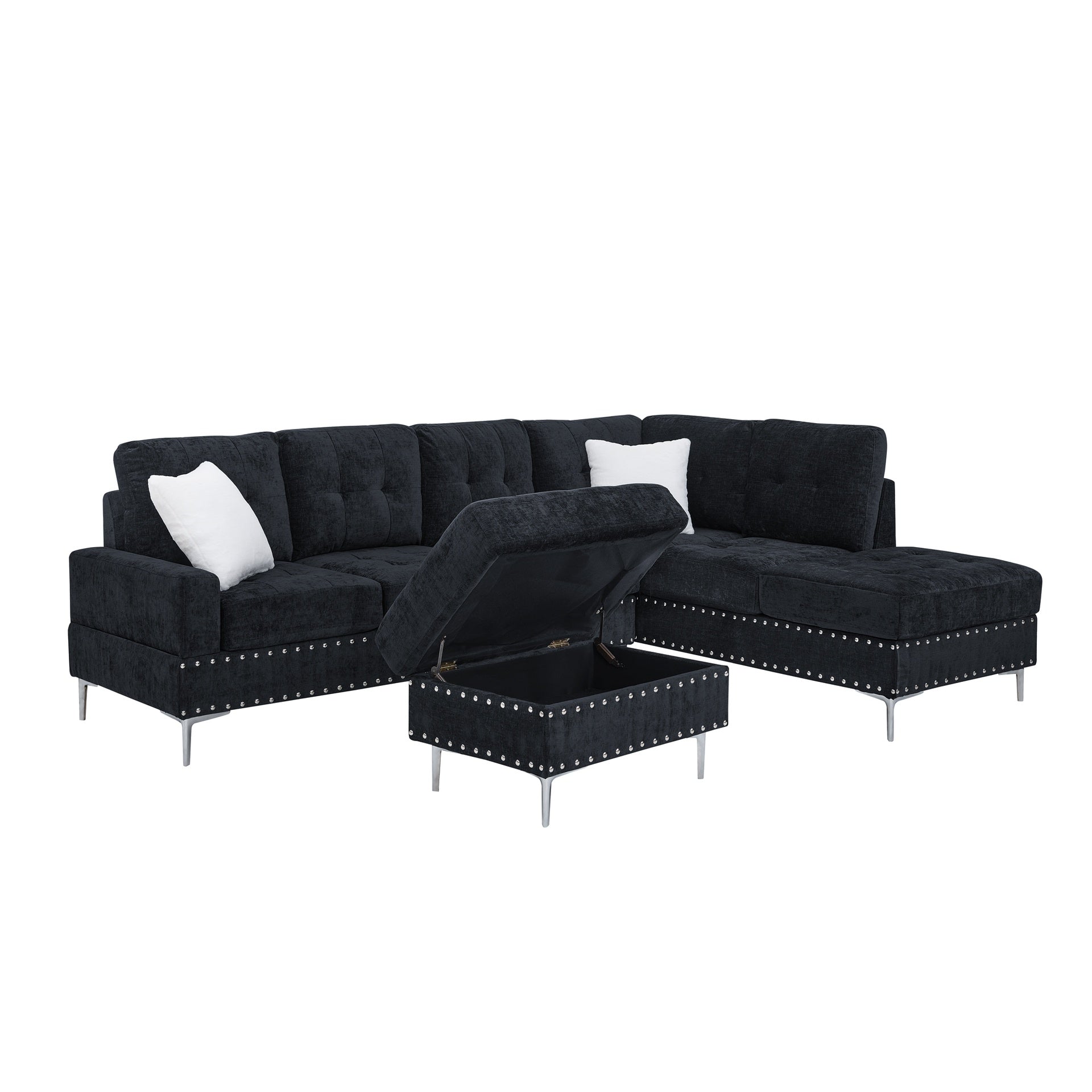 Sectional 3-Seaters Sofa with Chaise, Storage Ottoman, Metal Legs and Copper Nails,Two White Pillows ,Navy Bule(102" x 76" x35")