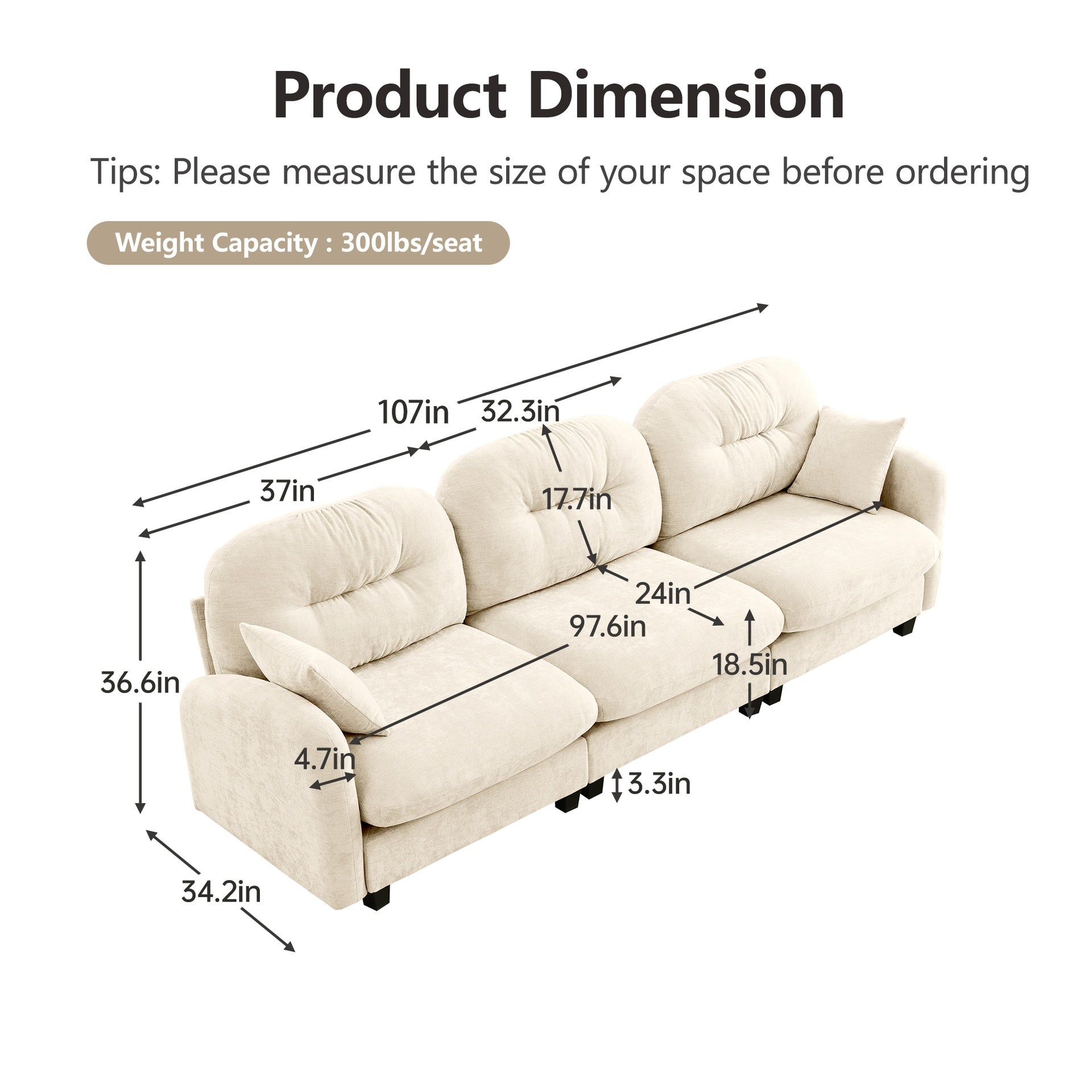 Three-Seate Modular Sectional Couch,Soft Chenille Fabric High-Density Foam,Tufted Cushion Backrest Design Ergonomic Design,Elegant Armrests,High Quality Wooden Base,Fits Bedrooms Living Rooms ,Beige