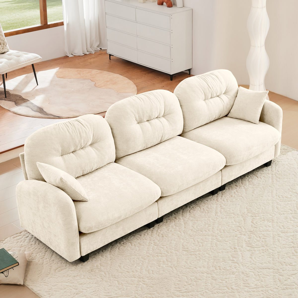 Three-Seate Modular Sectional Couch,Soft Chenille Fabric High-Density Foam,Tufted Cushion Backrest Design Ergonomic Design,Elegant Armrests,High Quality Wooden Base,Fits Bedrooms Living Rooms ,Beige
