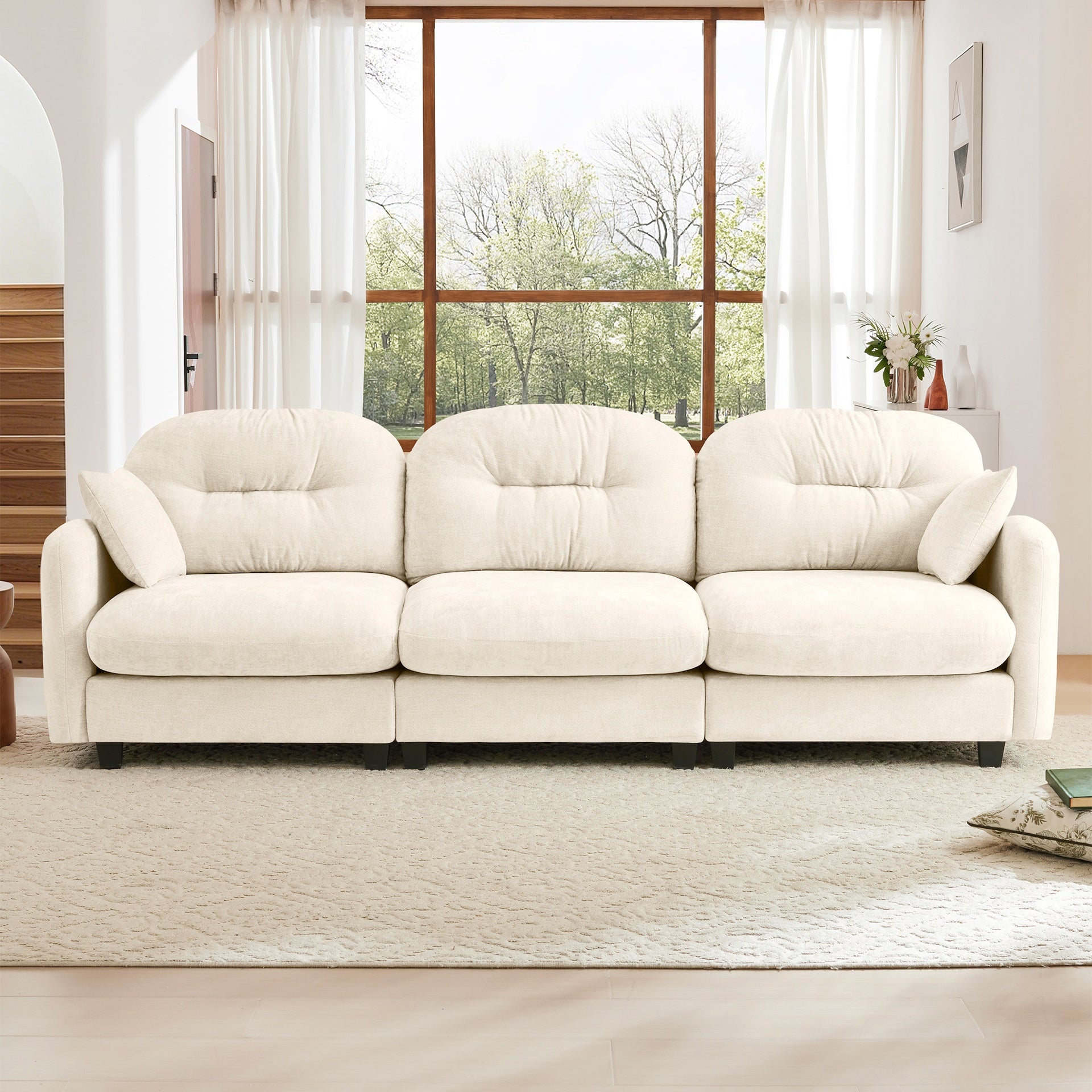 Three-Seate Modular Sectional Couch,Soft Chenille Fabric High-Density Foam,Tufted Cushion Backrest Design Ergonomic Design,Elegant Armrests,High Quality Wooden Base,Fits Bedrooms Living Rooms ,Beige