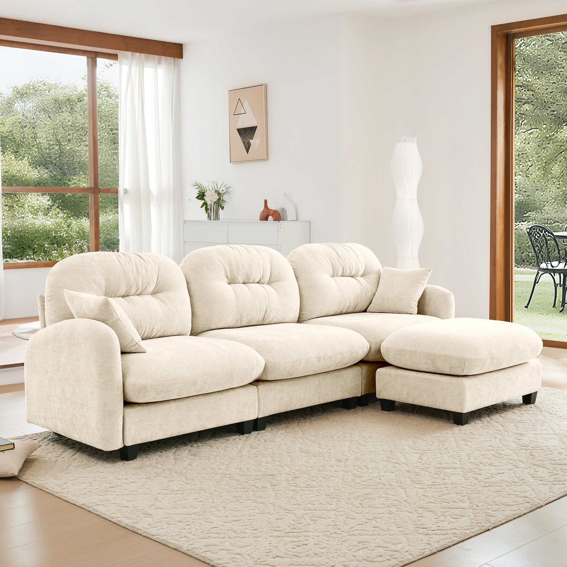 Modular Sectional L Shaped Couch With Ottoman, Premium Chenille Fabric,Tufted Cushion Backrest Design,Ergonomic Design Easy Install,Fits Bedrooms, Living Rooms Reading Nooks,Beige