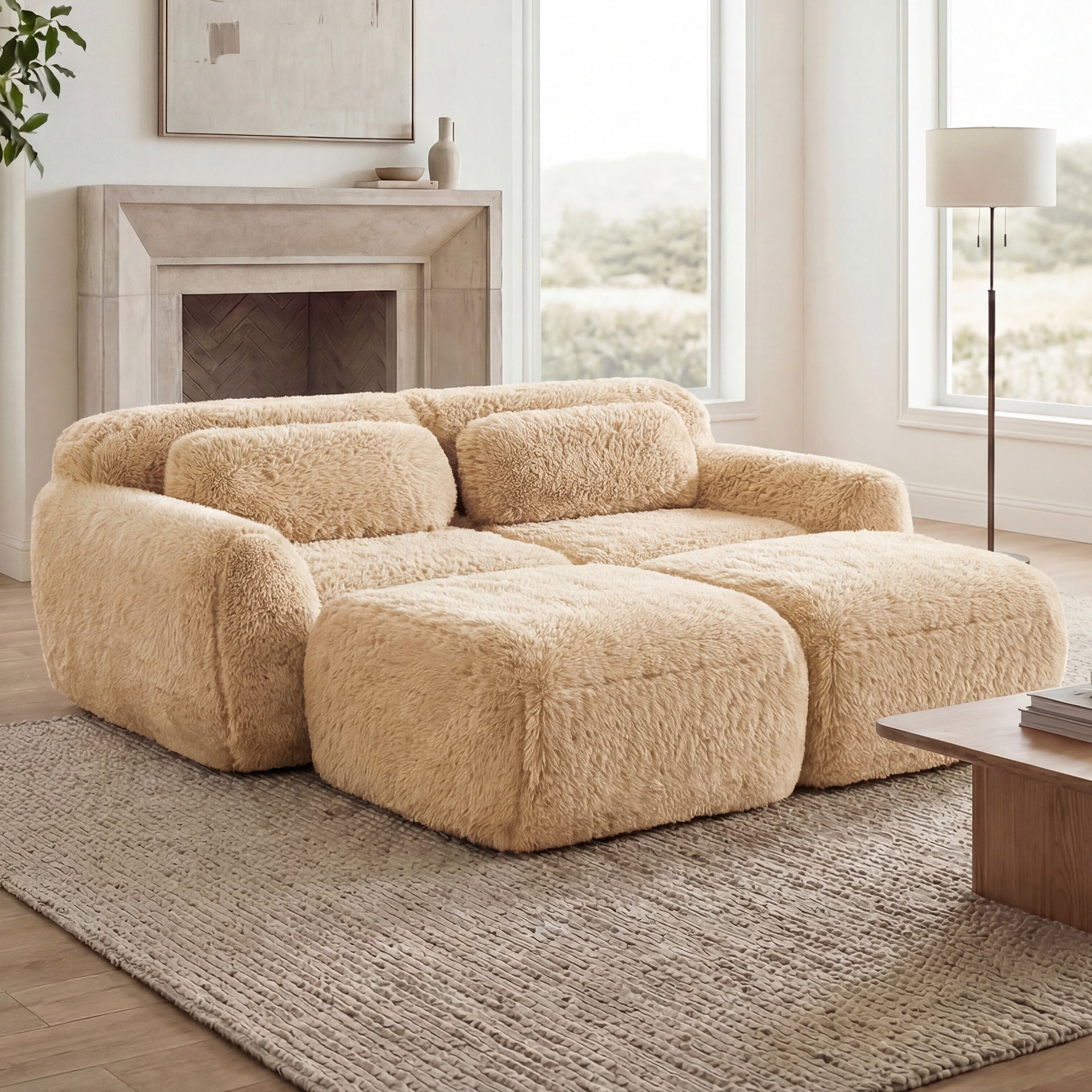 80''Soft Plush Fabric,Boneless Sofa,No Assembly Required,Bottom Anti-Slip Design With Chaise,With Ottoman,Deep Seat Design,32D High Density Sponge Free Combination For Study,Light Khaki