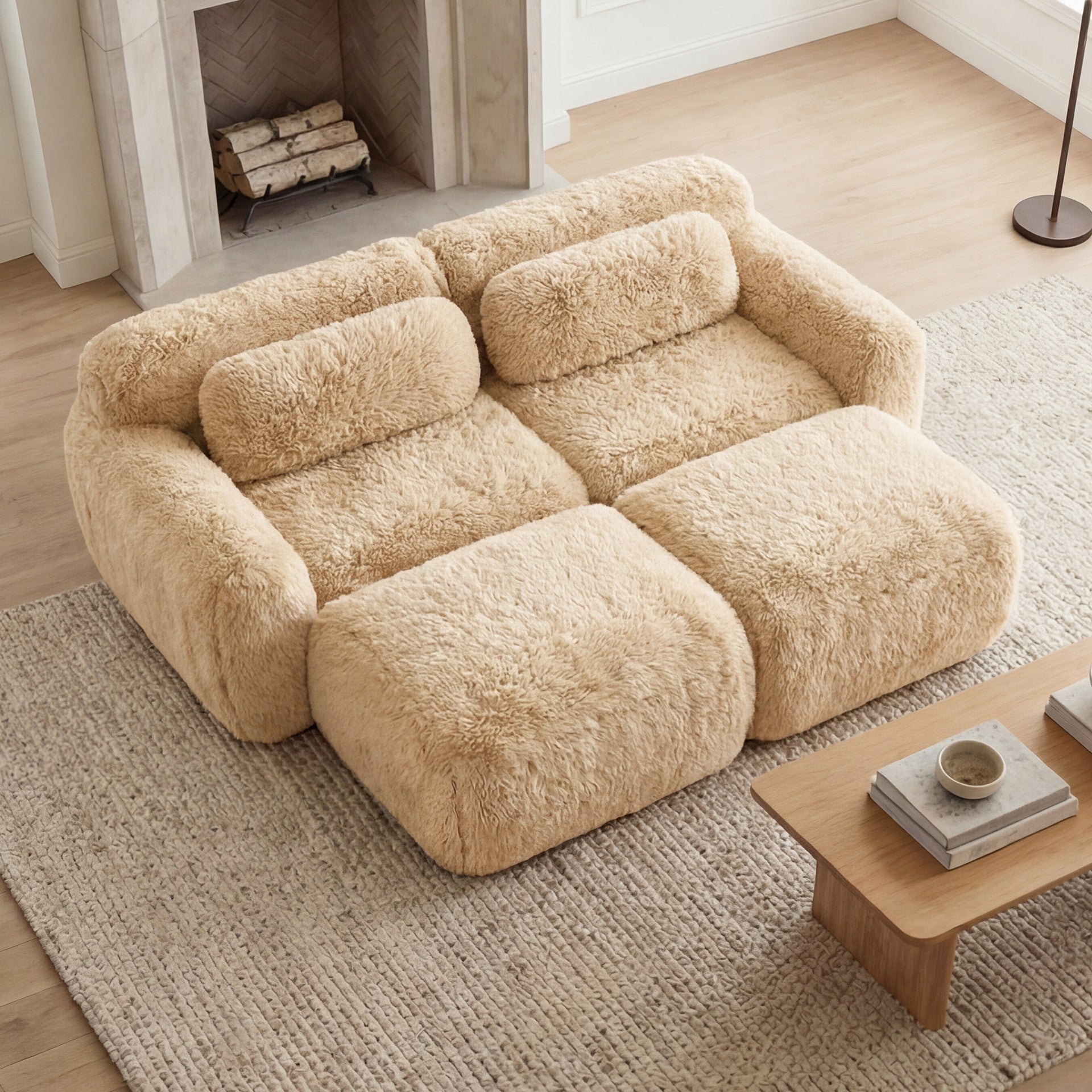 80''Soft Plush Fabric,Boneless Sofa,No Assembly Required,Bottom Anti-Slip Design With Chaise,With Ottoman,Deep Seat Design,32D High Density Sponge Free Combination For Study,Light Khaki