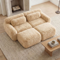 80''Soft Plush Fabric,Boneless Sofa,No Assembly Required,Bottom Anti-Slip Design With Chaise,With Ottoman,Deep Seat Design,32D High Density Sponge Free Combination For Study,Light Khaki