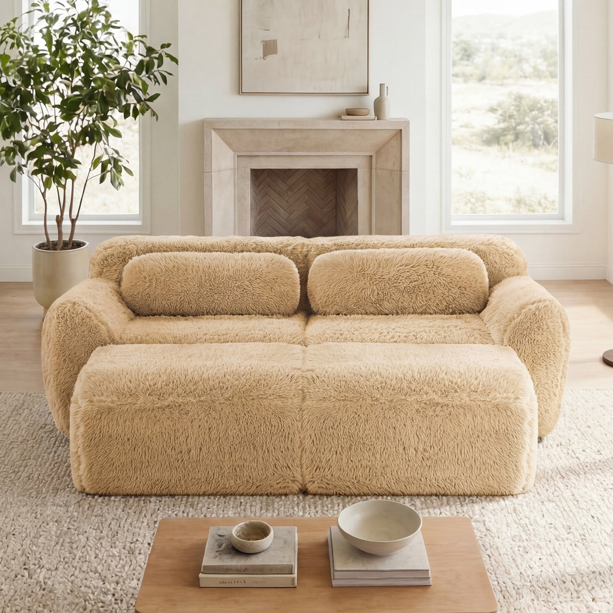 80''Soft Plush Fabric,Boneless Sofa,No Assembly Required,Bottom Anti-Slip Design With Chaise,With Ottoman,Deep Seat Design,32D High Density Sponge Free Combination For Study,Light Khaki