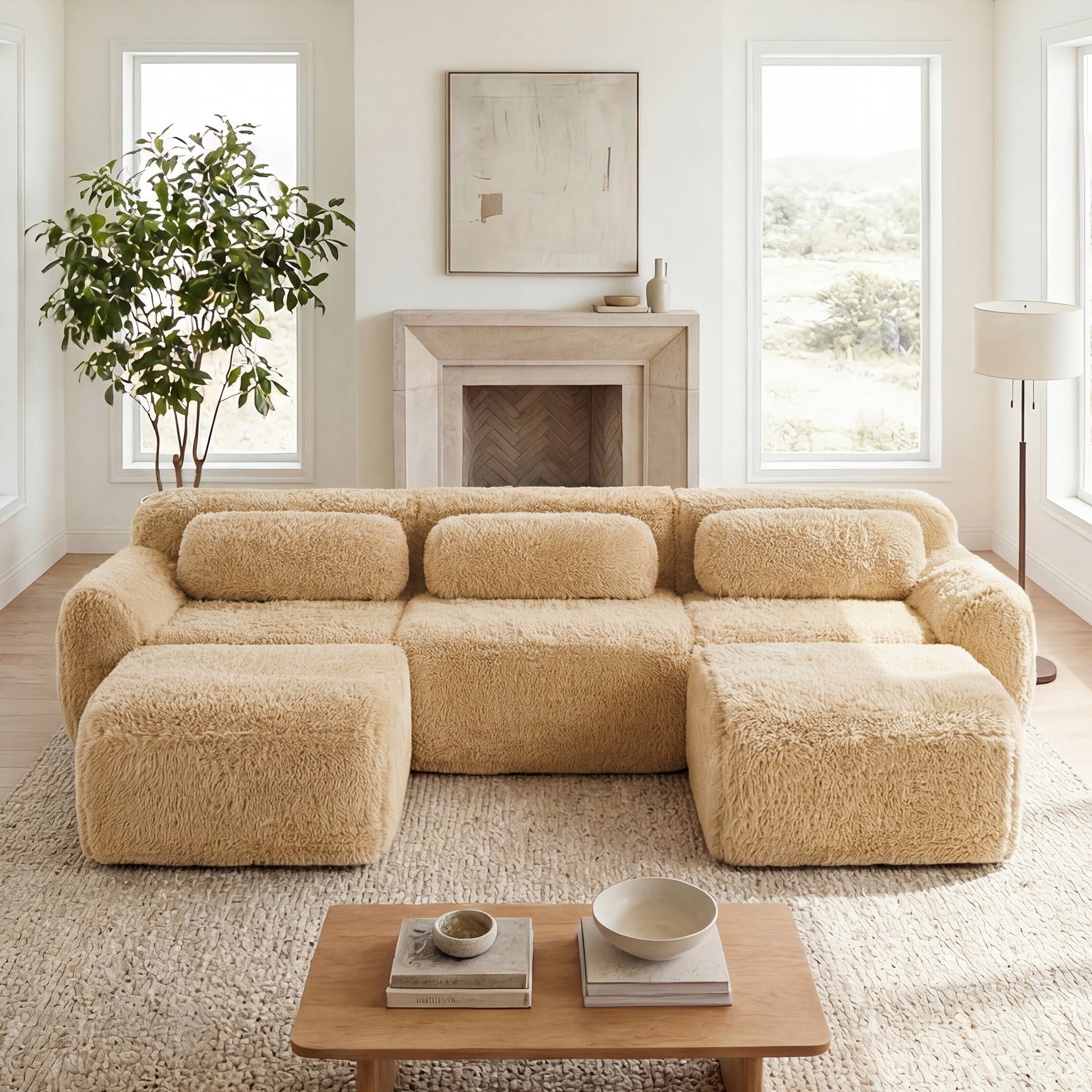 U-shaped Boneless Sofa,32D High Density Sponge Bottom,Anti-Slip Design With Chaise,Free Combination Full-compression Vacuum Packaging,Deep Seat Design,For Bedroom,Study,And Home Theater,Light Khaki