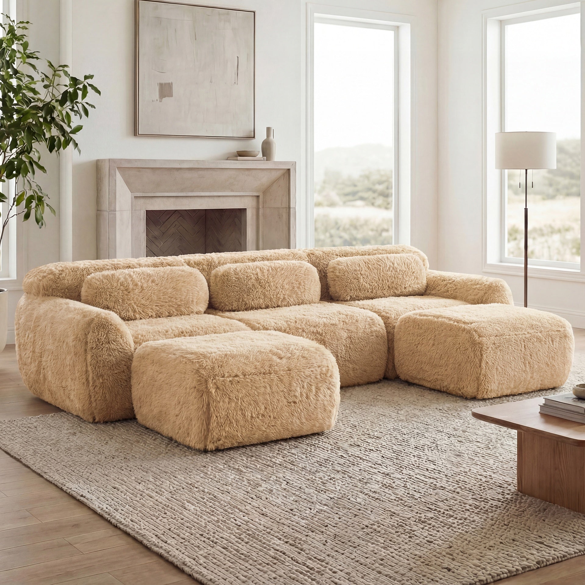 U-shaped Boneless Sofa,32D High Density Sponge Bottom,Anti-Slip Design With Chaise,Free Combination Full-compression Vacuum Packaging,Deep Seat Design,For Bedroom,Study,And Home Theater,Light Khaki