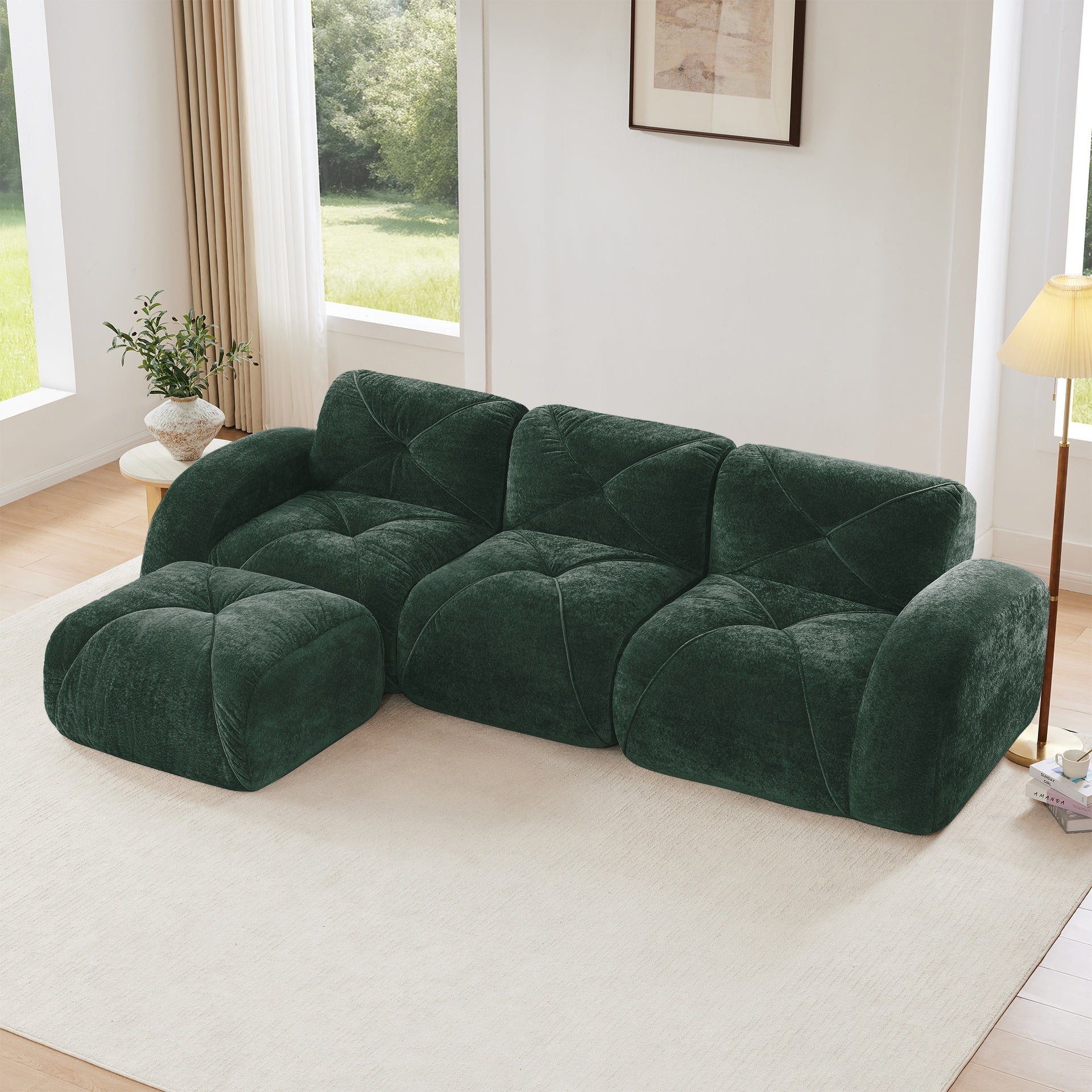 L-shaped Soft Velvet Fabric,Boneless Sofa,Tufted Design,Ergonomic Design Bottom,32D High Density Sponge,No Assembly Required Bottom,Anti-Slip Design,Movable Ottoman For Living Room,Green